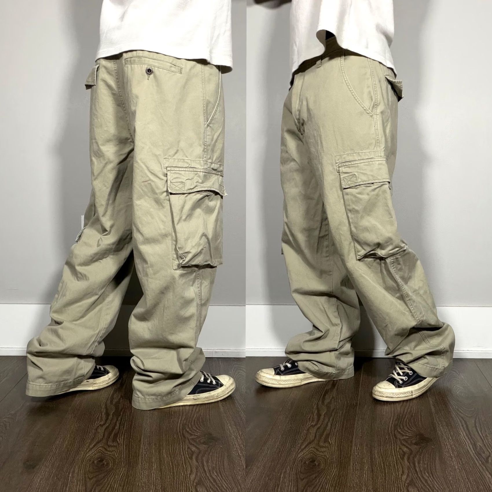 Vintage Baggy Y2K Cargo Pants Mens 34x30 Beige Canvas Relaxed Wide Leg Utility Fit Size US 34 / EU 50 - 2 Thumbnail