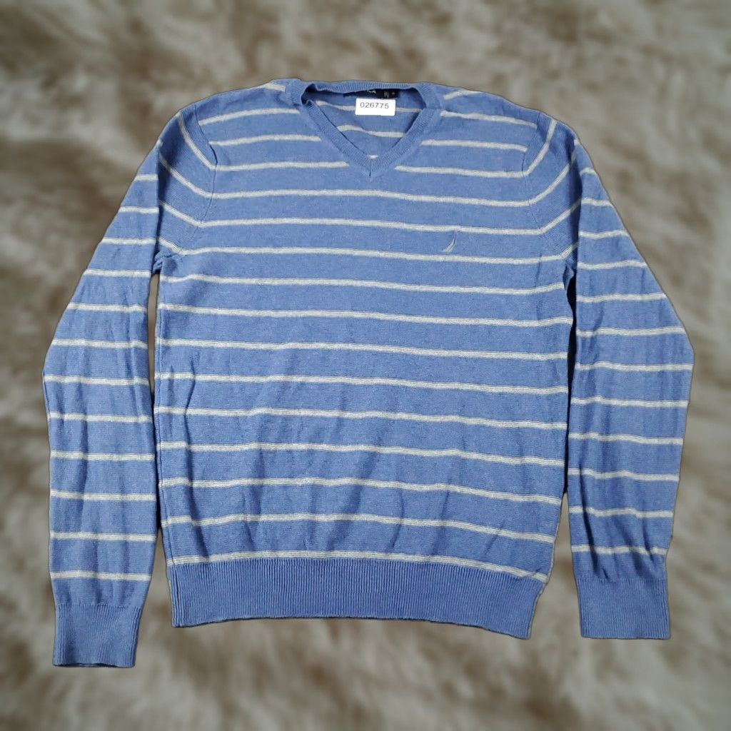 Nautica Nautica Striped V Neck Sweater Mens Medium Blue Gray Pullover Cotton Cable-Knit Business Casual Size US M / EU 48-50 / 2 - 1 Thumbnail