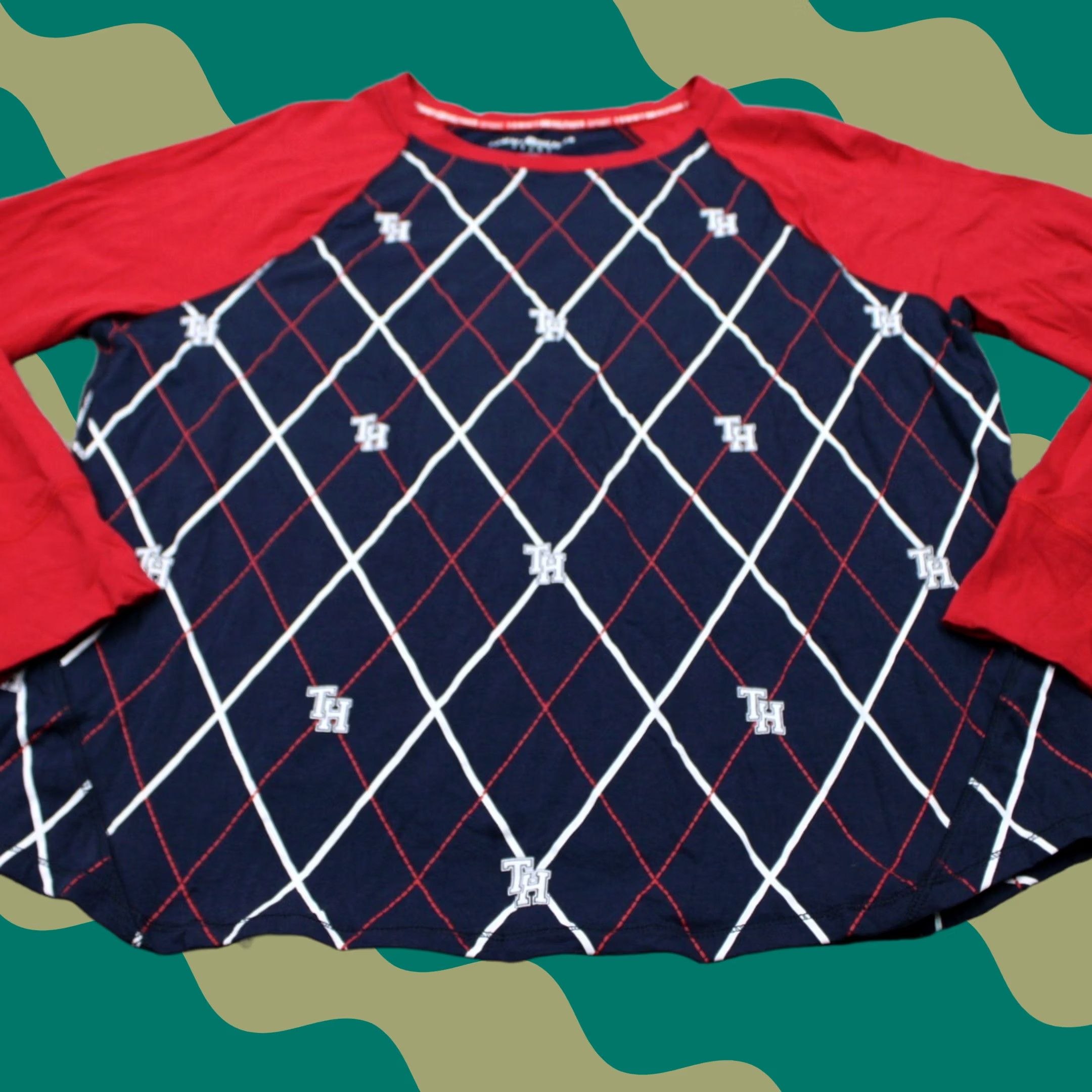 Tommy Hilfiger Tommy Hilfiger AOP Shirt Womens XL Blue/Red All Over Print Long Sleeve Pullover Shirt Womens XL Blue/Red 90s Tommy Hilfiger Shirt Mens? Size XL / US 12-14 / IT 48-50 - 1 Thumbnail