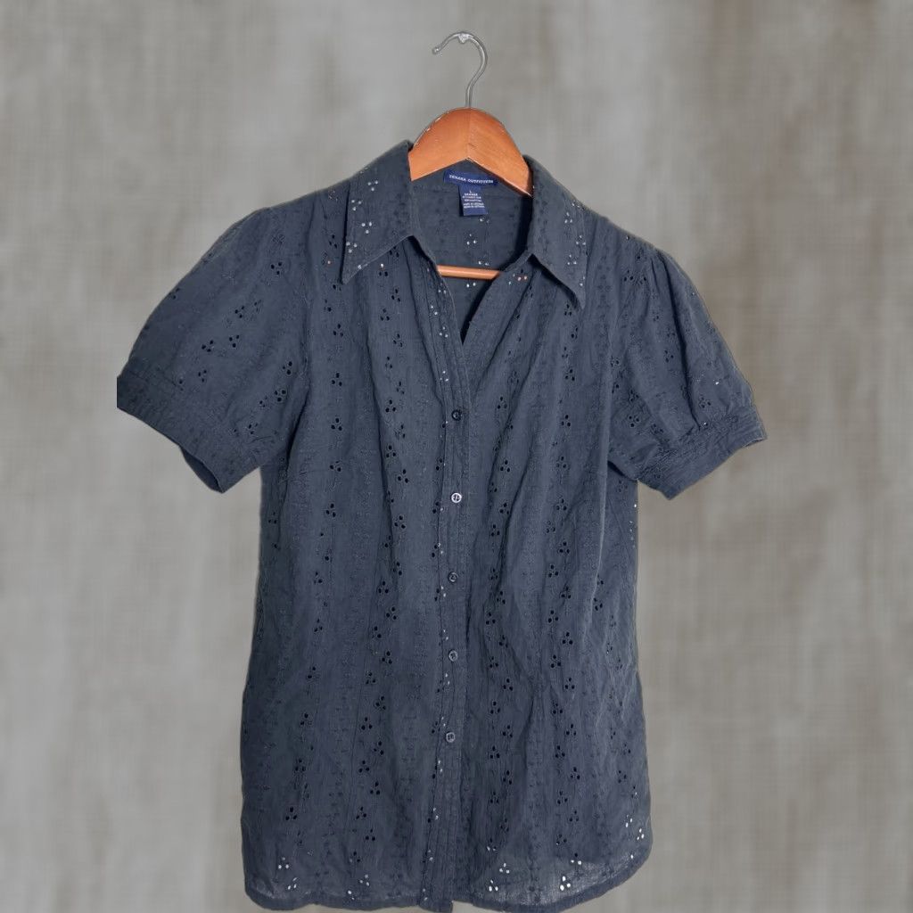 Vintage Zenana Outfitters Womens Large Button Up Top Embroidered Black Eyelet SS Cotton Shirt Size L / US 10 / IT 46 - 1 Thumbnail