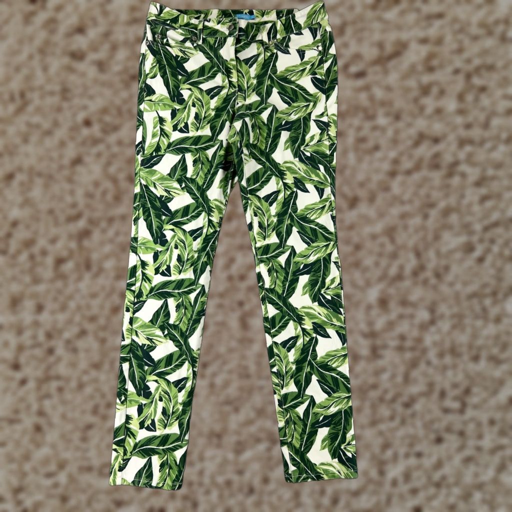 J. McLaughlin Jeans Women's 8 Green Floral Palm Denim Cotton Blend 90s Style Mid Rise 5-Pocket Inseam 30