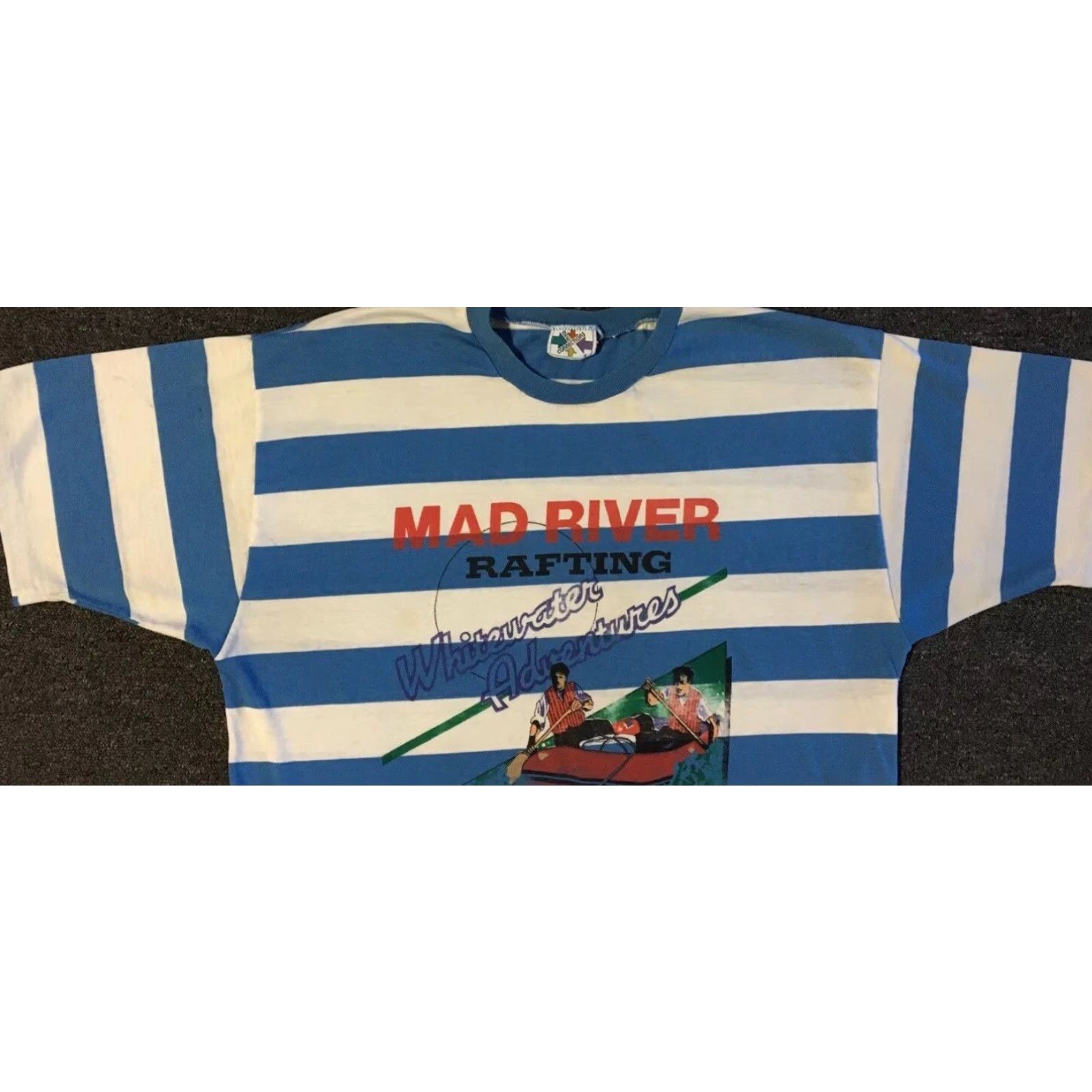 Vintage VINTAGE Mad River Whitewater Rafting Faded Striped Shirt L Blue/White Mens T-Shirt 80s 90s Grunge Beach Surf Skate Rock University USA Bar Size US L / EU 52-54 / 3 - 7 Thumbnail