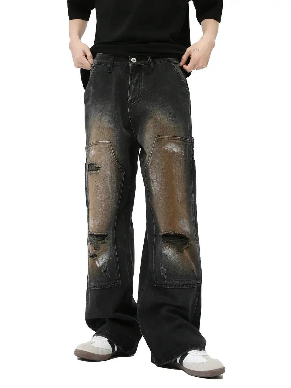 Japanese Brand Retro graffiti straight leg patchwork ripped jeans Size US 32 / EU 48 - 1 Thumbnail