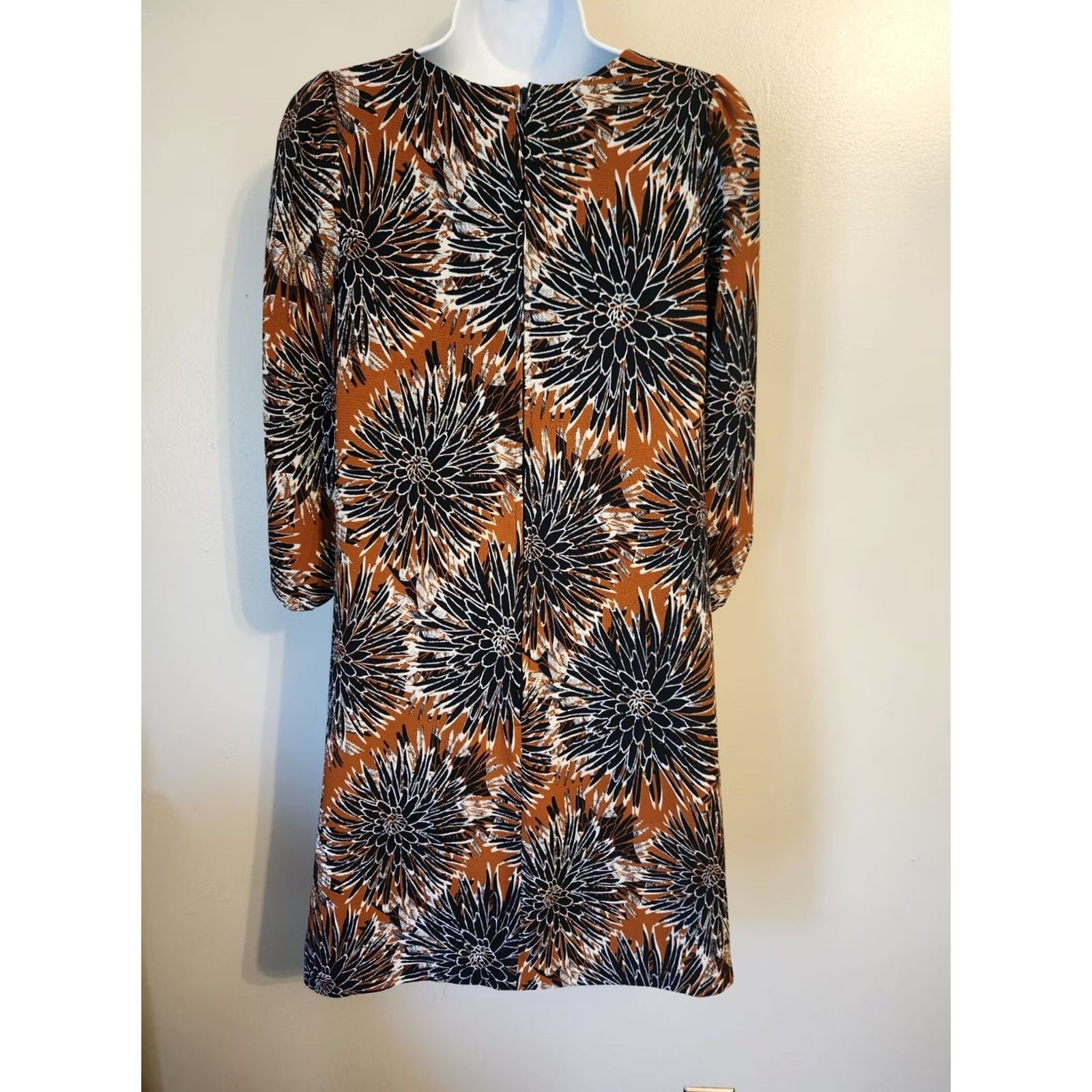 H&M H&M Dress Floral Print Blue Brown Knee Length 3/4 Sleeve Round Neck Pullover Chiffon Polyester Elastane Womens Regular 4 Vintage No Retro Bohemian 90s Size S / US 4 / IT 40 - 4 Thumbnail