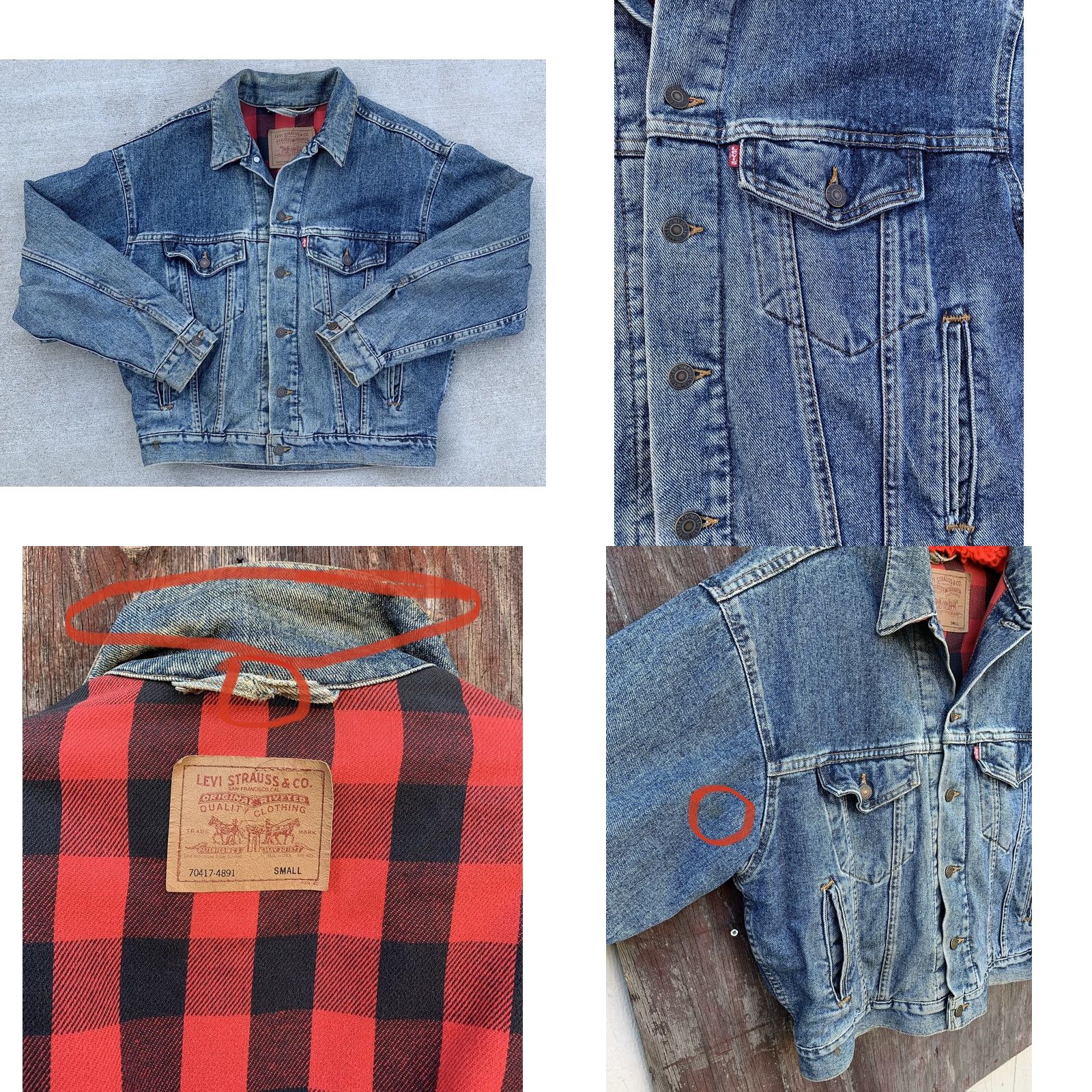Levi's VINTAGE Levi's Denim Jacket Buffalo Plaid Lined Made In USA Cowboy Core Trucker S Mens Jacket Wide Western 70417-4891 Blue Denim Cotton Lined Vintage Size US S / EU 44-46 / 1 - 9 Thumbnail