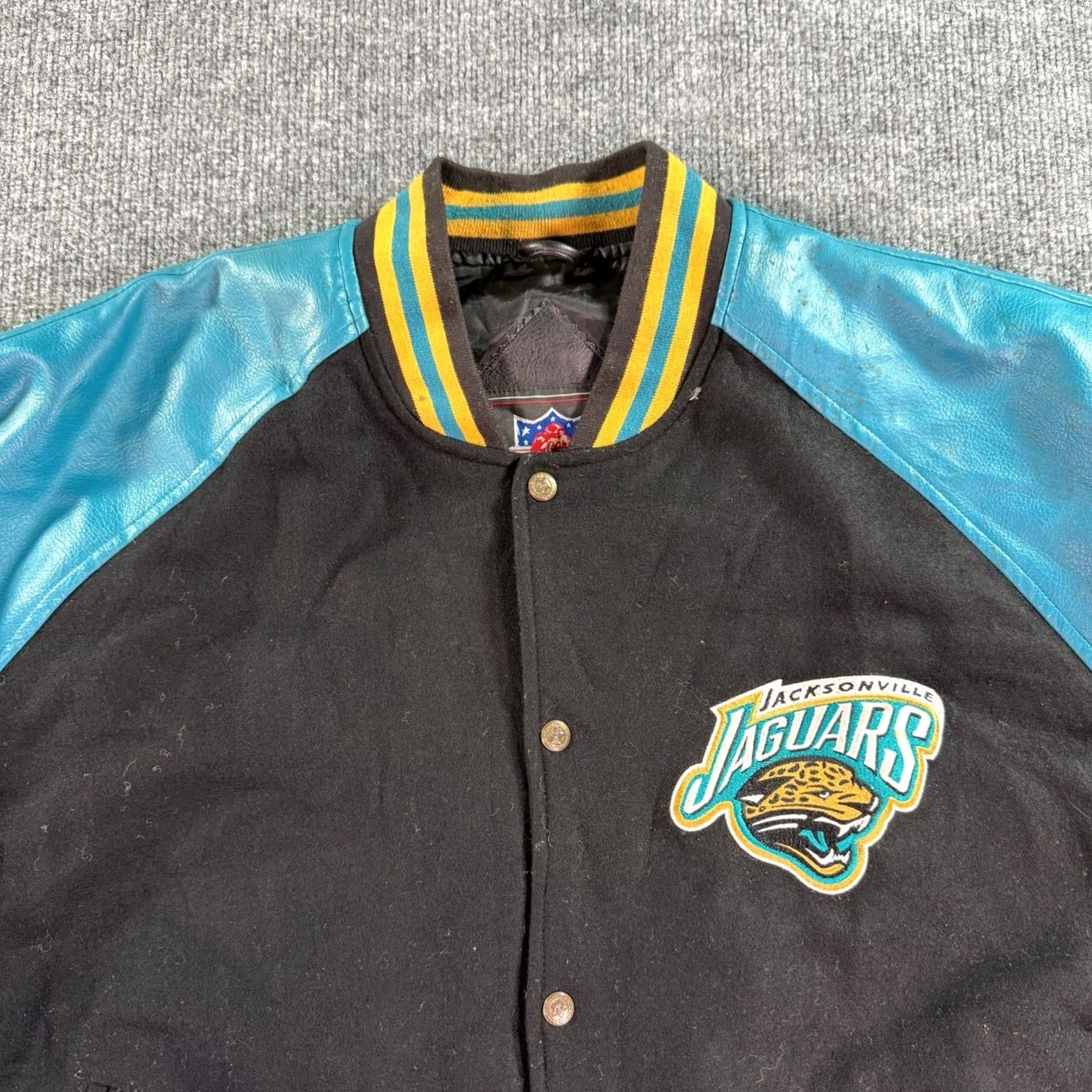NFL VINTAGE Jacksonville Jaguars Varsity Jacket Mens XL Black Teal Leather Wool Logo Snap-Front Embroidered Rugby Character? Size US XL / EU 56 / 4 - 3 Thumbnail