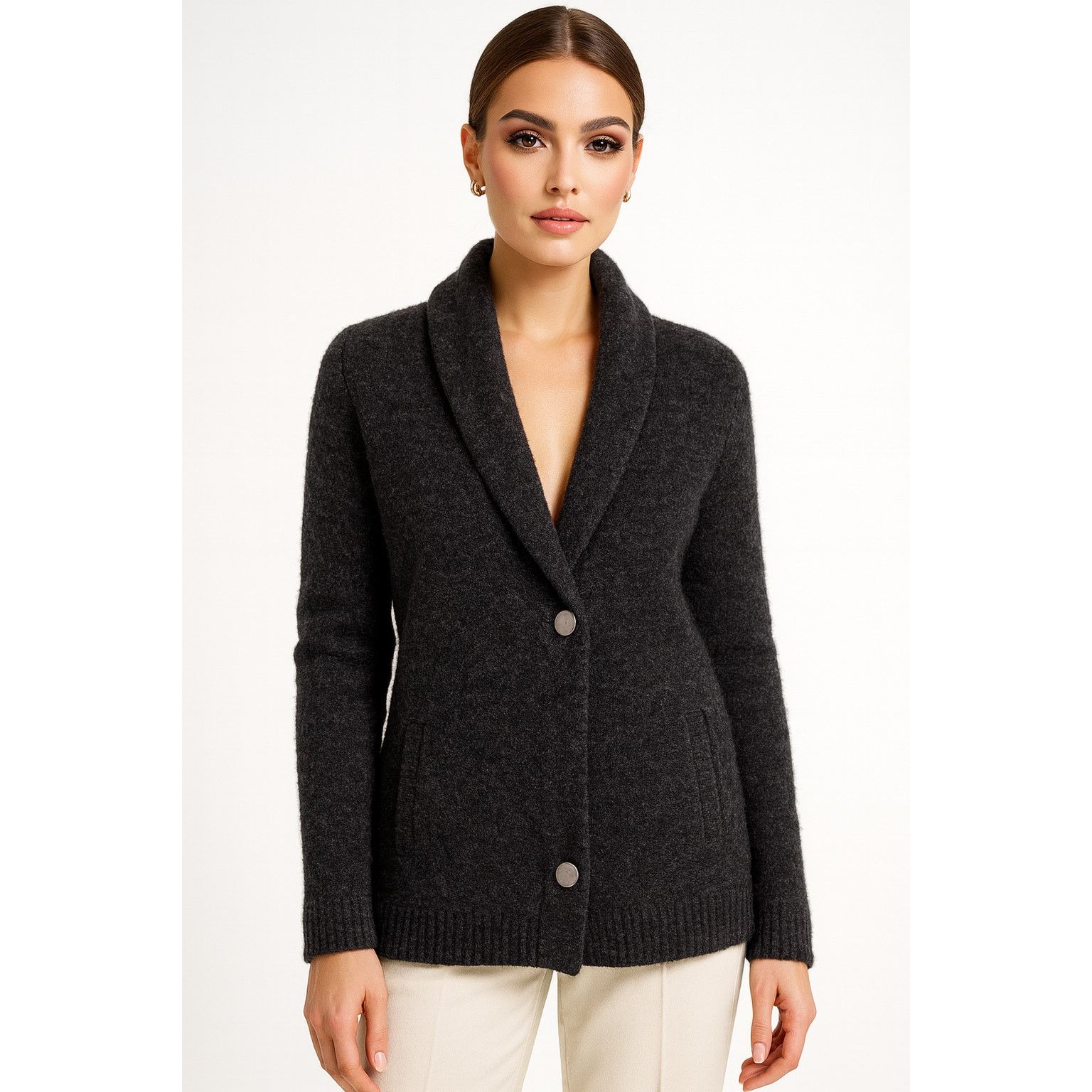 Eileen Fisher Charcoal Wool Blend Shawl Collar Soft Cozy