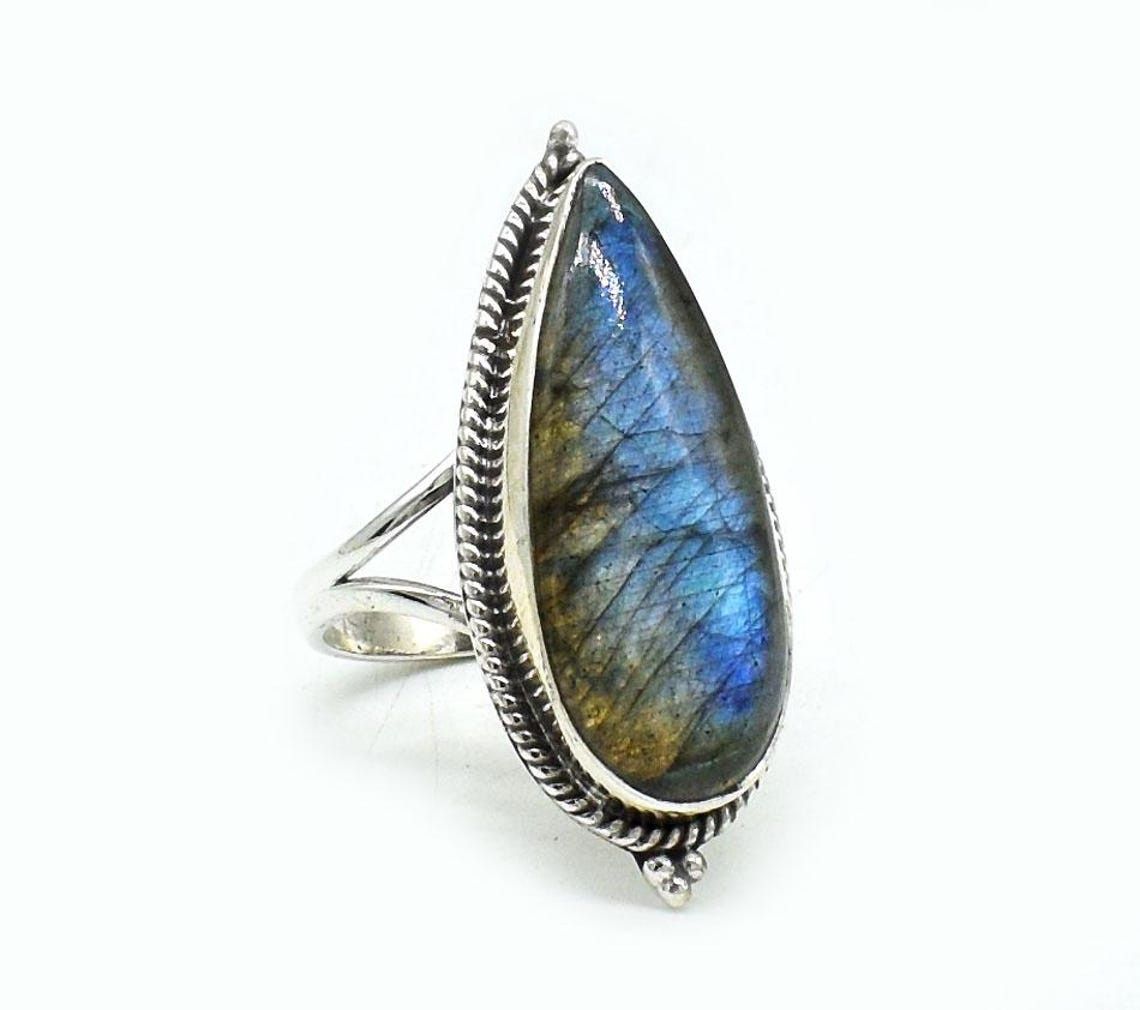 Pear Labradorite 925 Silver Ring: Handmade Wedding Jewelry