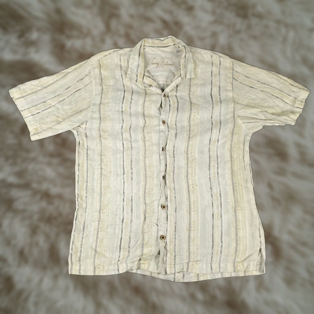 Tommy Bahama Tommy Bahama Linen Shirt Beige Striped Button-Up Short Sleeve Mens Medium Aloha Size US M / EU 48-50 / 2 - 1 Thumbnail