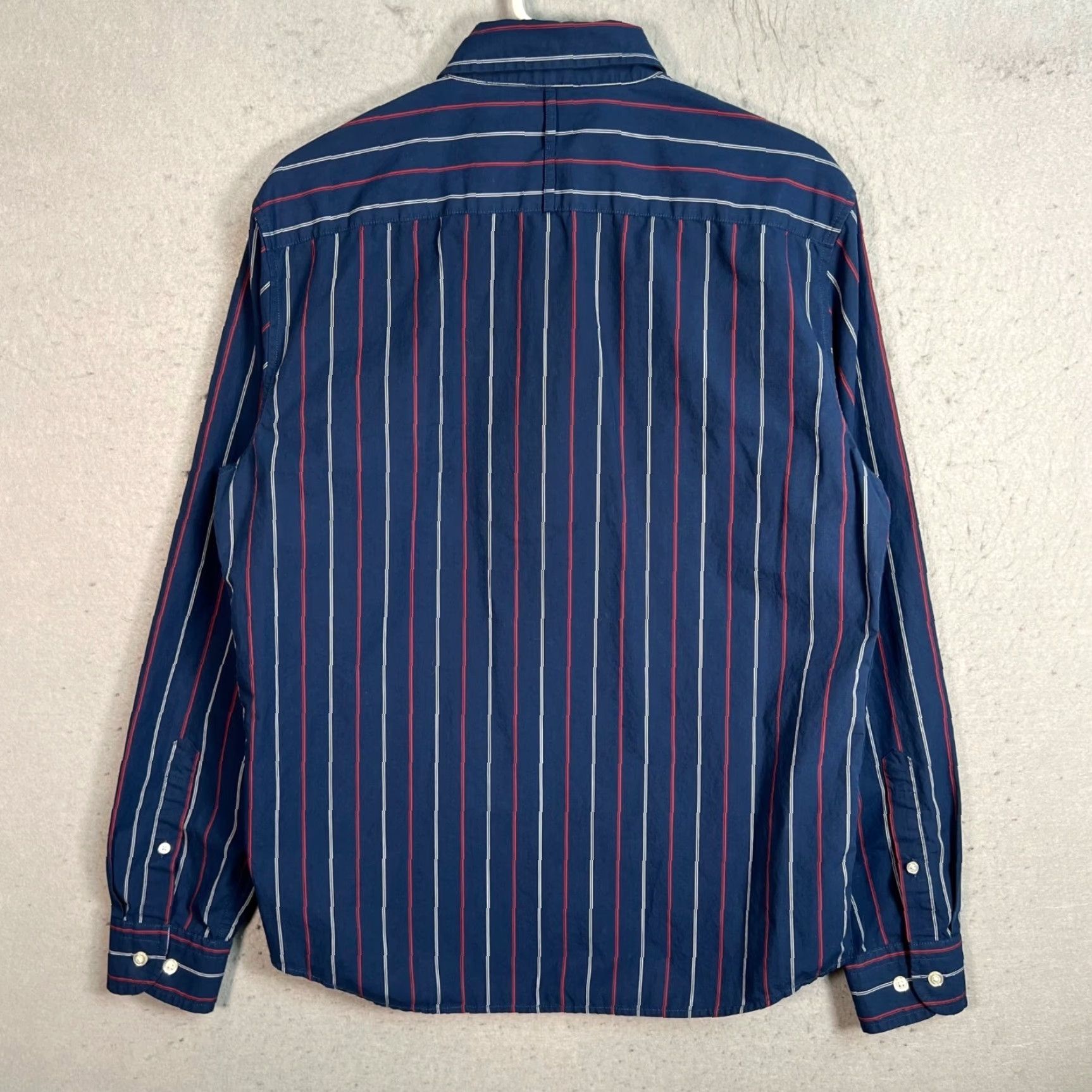 Banana Republic Banana Republic Mens Medium Luxe Poplin Untucked Slim Fit Navy/Red Striped Shirt Mens Slim Shirt Blue Cotton Button-Up Casual 7/10 Vintage No Size US M / EU 48-50 / 2 - 2 Thumbnail