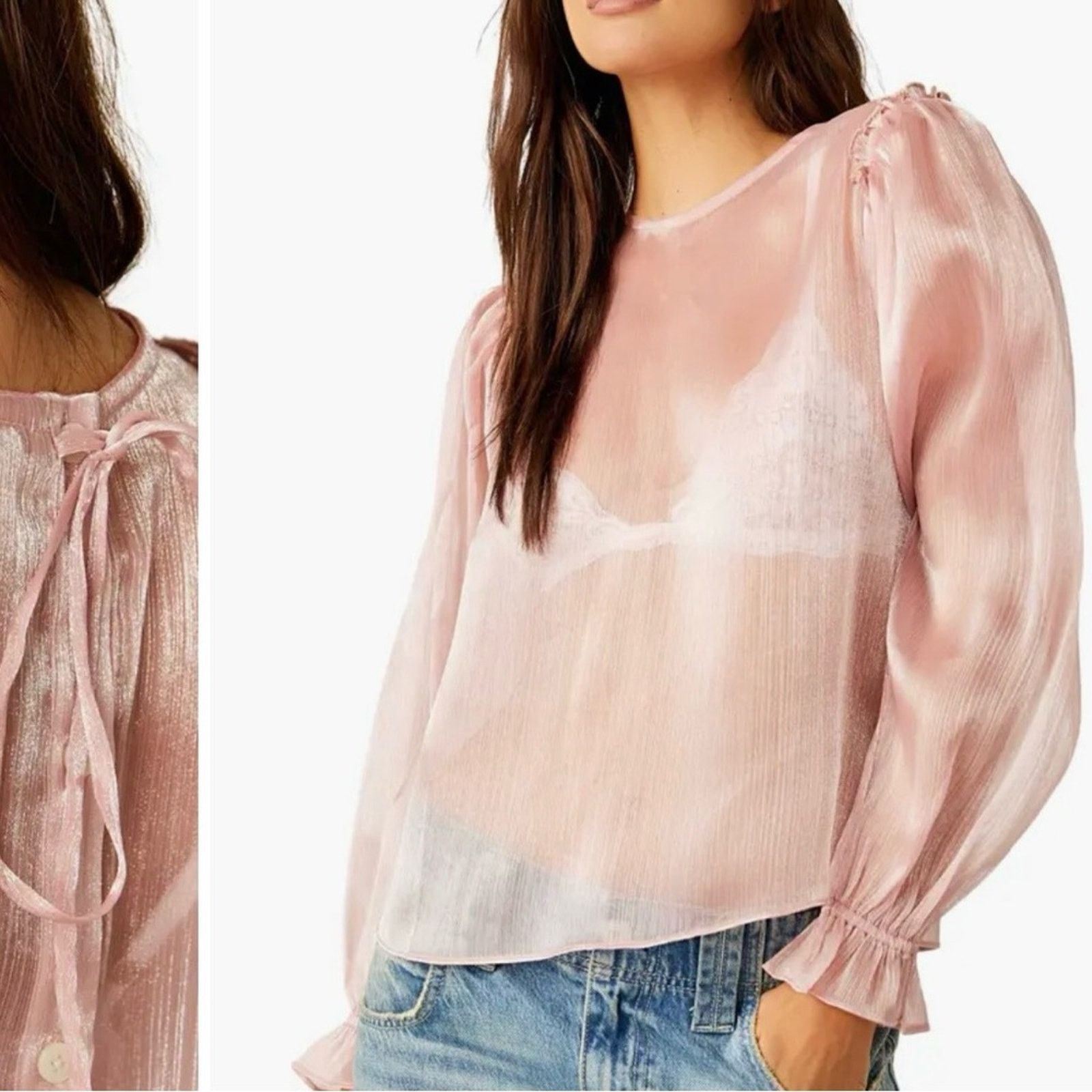 Free People NWT Free People Freya Frost Long Sleeve Sheer Blouse Large Size L / US 10 / IT 46 - 1 Thumbnail