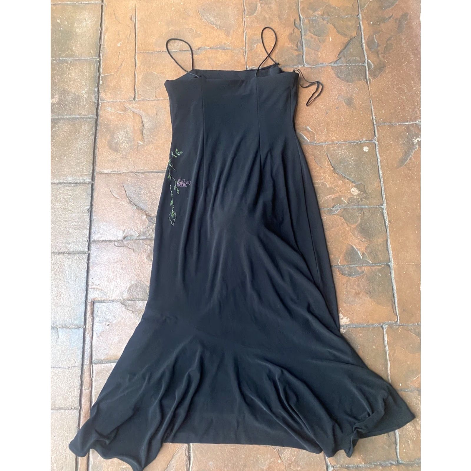 Vintage VINTAGE Laura Ryner Floral Sequins Fairy Maxi Dress 11/12 Black Sleeveless V-Neck Beaded Long Dress Womens Size L / US 10 / IT 46 - 3 Thumbnail