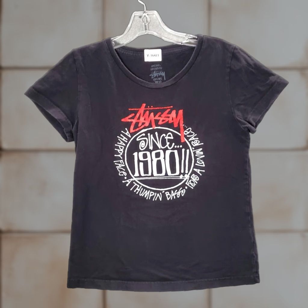 VINTAGE Stussy Black Shirt Women Medium Short Sleeve Logo Tee Y2K