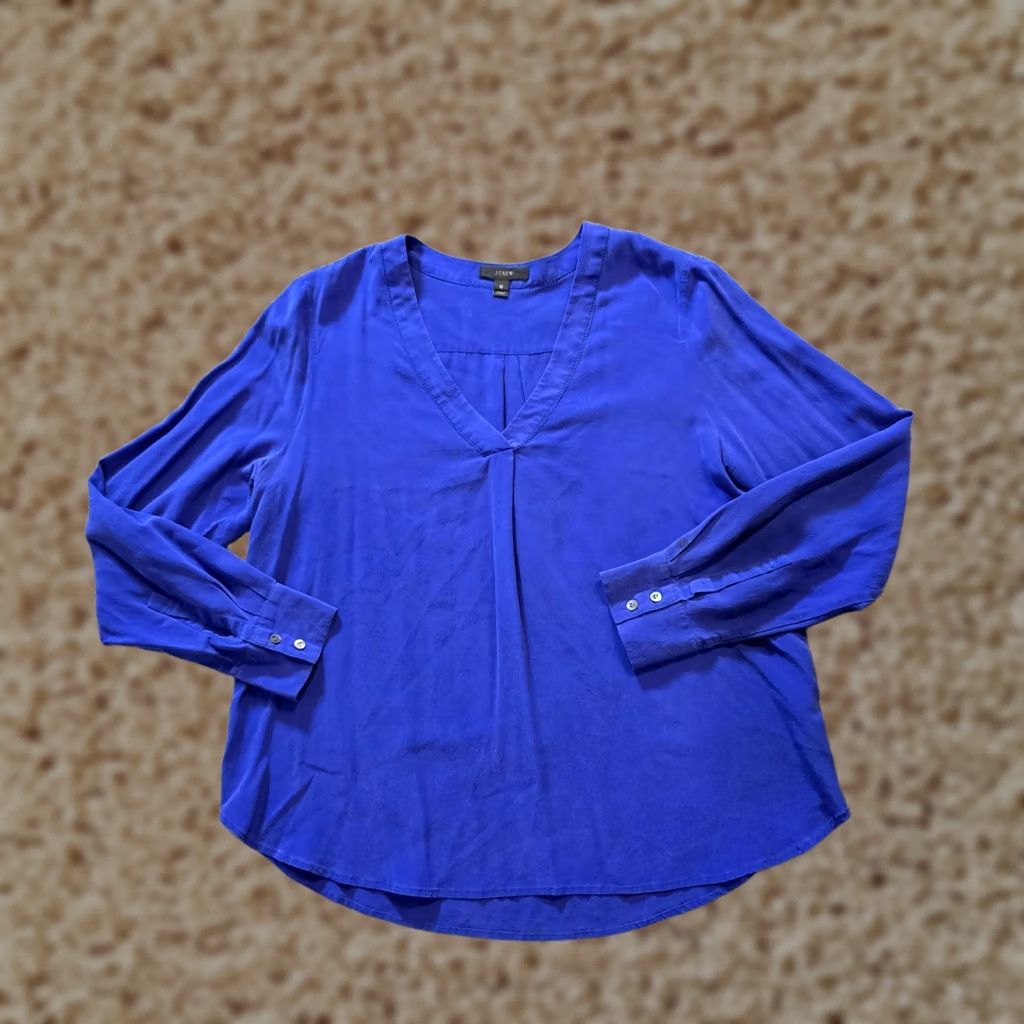 J.Crew J. CREW Blouse Top Womens Size 12 Blue Silk Long Sleeve V-Neck Pullover Casual Shirt Size XL / US 12-14 / IT 48-50 - 1 Thumbnail