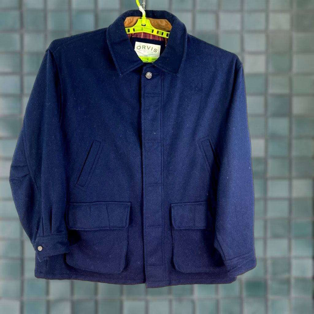 Orvis Orvis 100% Wool Full Zip Chore Coat Jacket Men's XL Blue Leather Trim EUC Size US XL / EU 56 / 4 - 1 Thumbnail