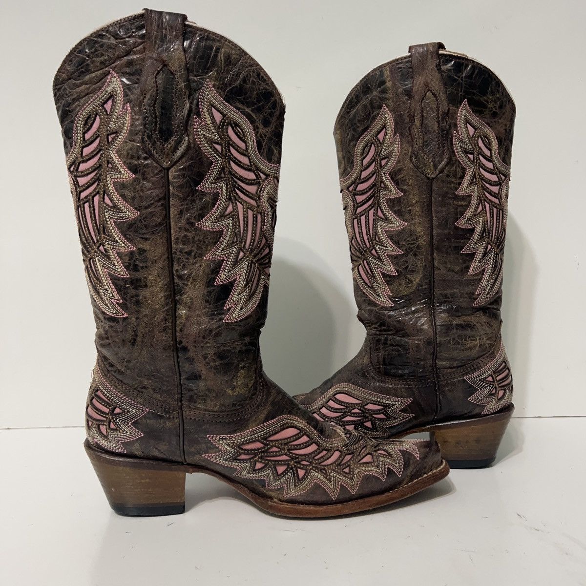 Other Women’s Brown Pink Embroidered Winged Reyme Western Boots Size US 10 / IT 40 - 5 Thumbnail