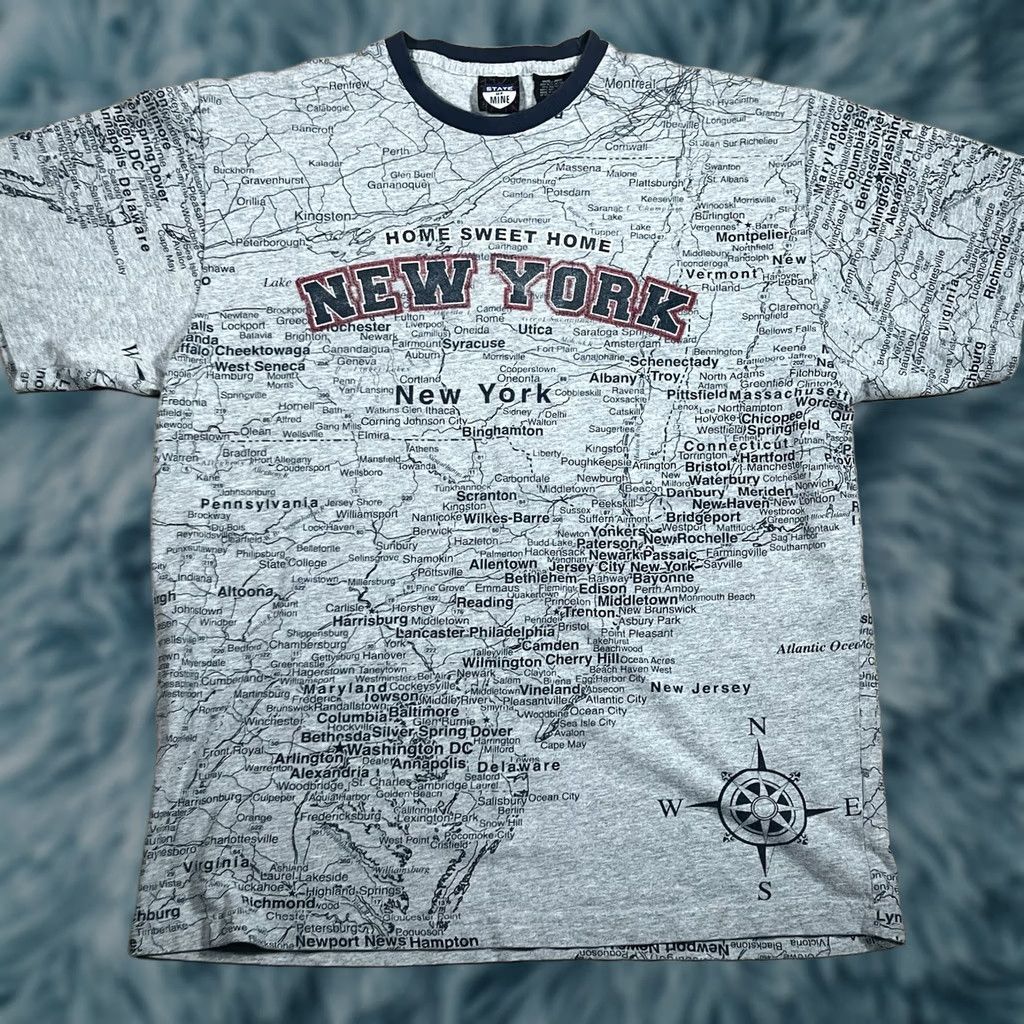 Vintage VINTAGE State Of Mine NY Map T-Shirt Men L Gray All Over Print Map Shirt Size US L / EU 52-54 / 3 - 1 Thumbnail