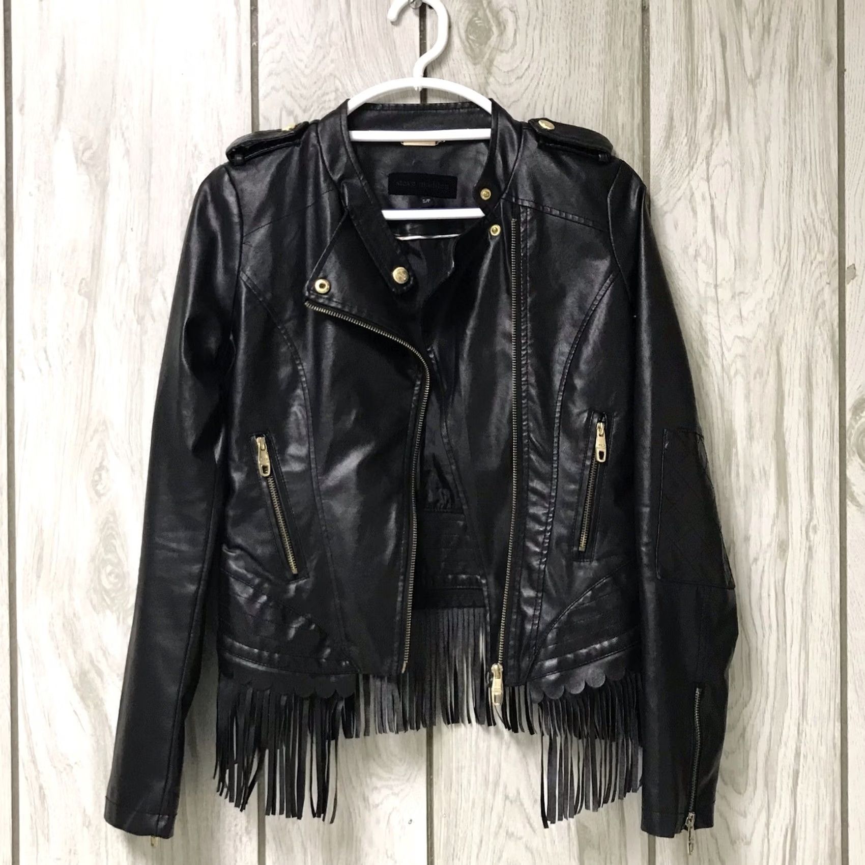 Steve Madden Steve Madden Women Black Faux Leather Fringed Asymmetrical Zip Motorcycle Jacket S Size S / US 4 / IT 40 - 2 Thumbnail