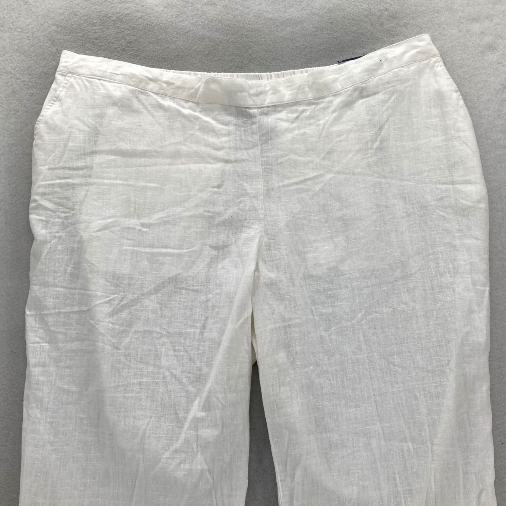 Vintage Catherines Pull On Straight Leg Pants Women's Plus 2X White Linen Blend Beach Casual Travel Workwear Comfort Elastic Waist Pockets Size 30" / US 8 / IT 44 - 2 Thumbnail