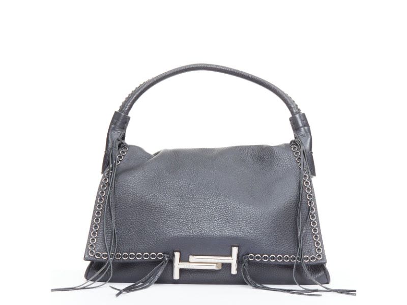 Tod's TOD'S Double Double T black calfskin silver grommet weave fringe shoulder hobo bag Size ONE SIZE - 1 Thumbnail