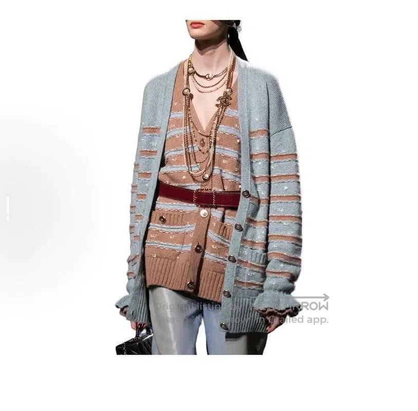 Chanel Chanel Brown Wool Cardigan with Striped Design . Size S / US 4 / IT 40 - 6 Thumbnail