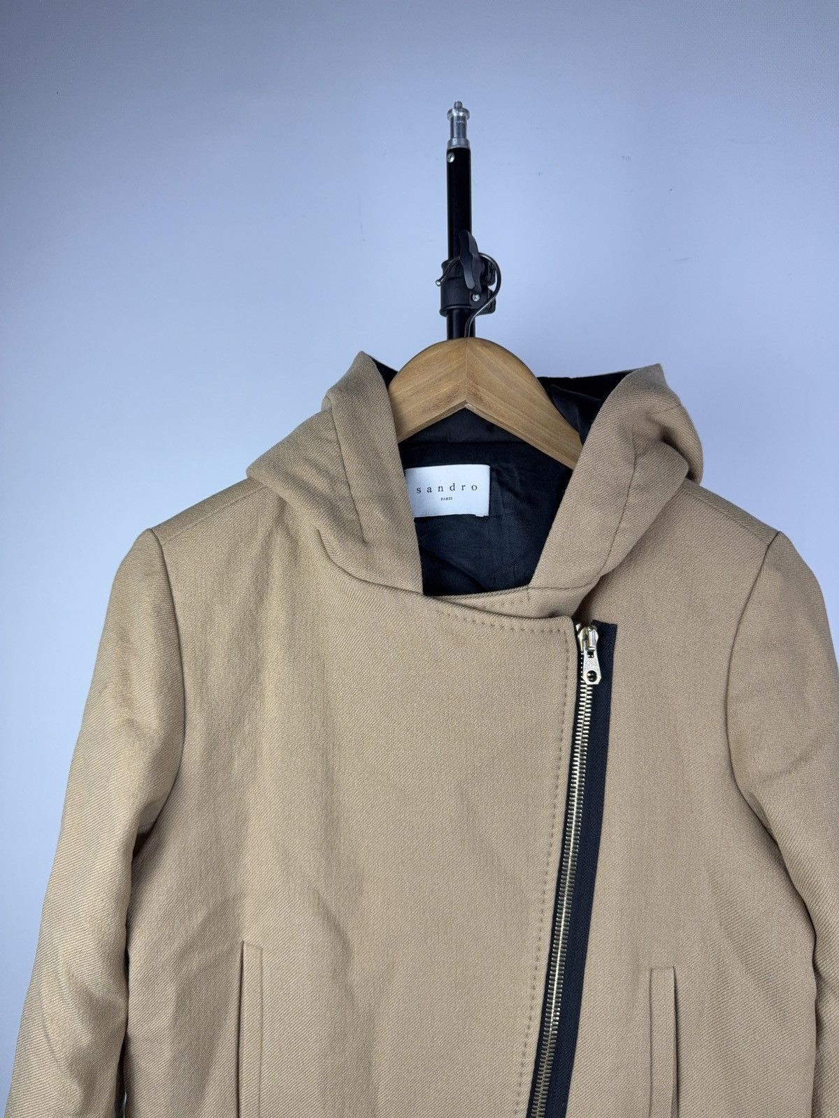Sandro Luxury Sandro Paris Wool Hooded Coat Beige Asym Zip 38 S-M Size S / US 4 / IT 40 - 2 Thumbnail