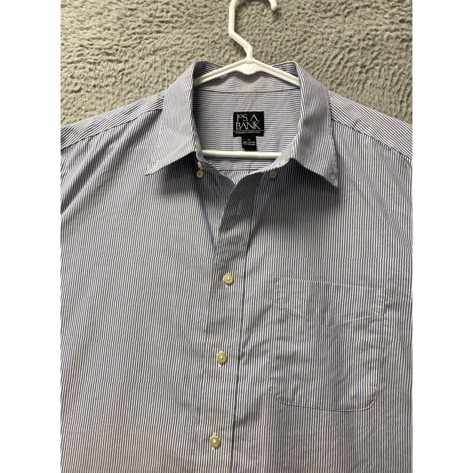 Vintage Jos A Bank Dress Shirt Men XL Navy Striped Button Up Knit Easy Care Stretch 11851 Mens Size 46R - 3 Thumbnail