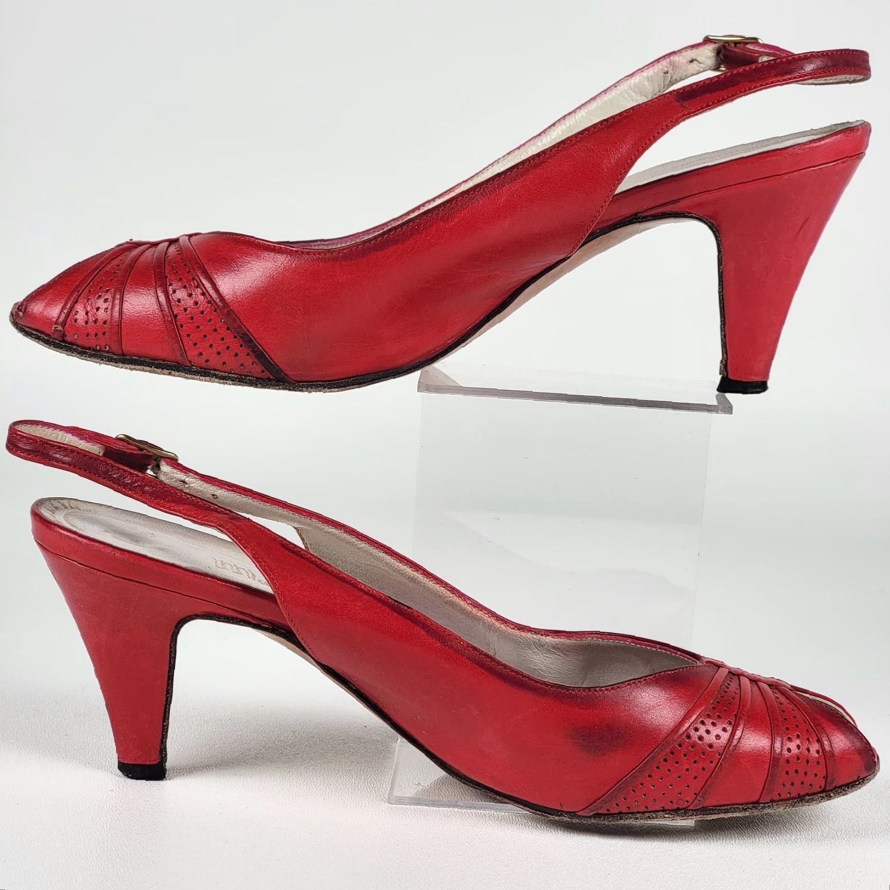 Vintage VINTAGE 80s Italian Leather Slingback 'Fascination' Heels Stacked Heel US 6 B Red Women/Girls Cocktail Size US 6 / IT 36 - 4 Thumbnail