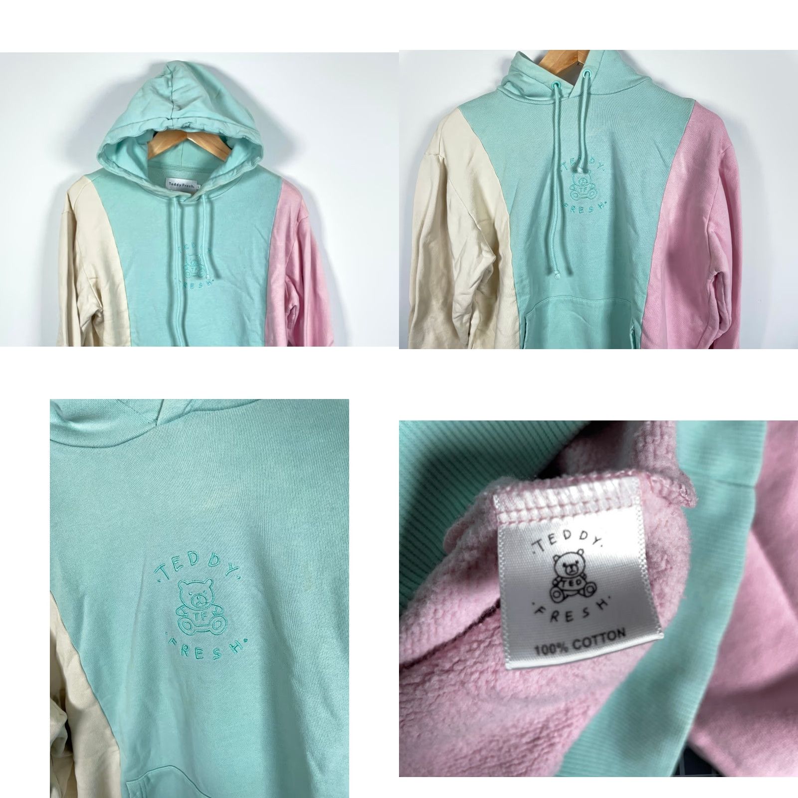 Teddy Fresh Teddy Fresh Hoodie Men's Large Pastel Green Colorblock 100% Cotton Sweatshirt Size US L / EU 52-54 / 3 - 8 Thumbnail