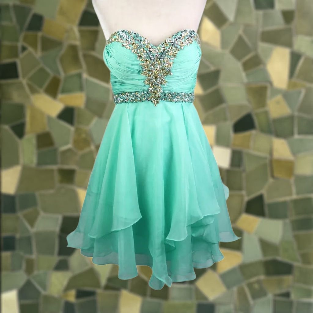 CO Samila & Co Ruffle Strapless Mini Prom Dress Aqua Green Jeweled 6 Size M / US 6-8 / IT 42-44 - 1 Thumbnail