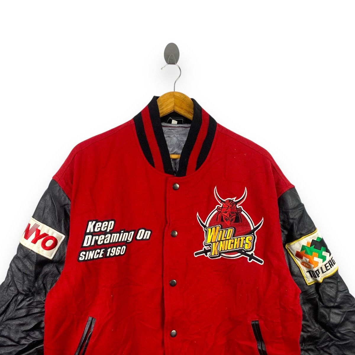 Japanese Brand Vintage SANYO WILD KNIGHTS Rugby Varsity Jacket Red Leather Size US XL / EU 56 / 4 - 2 Thumbnail