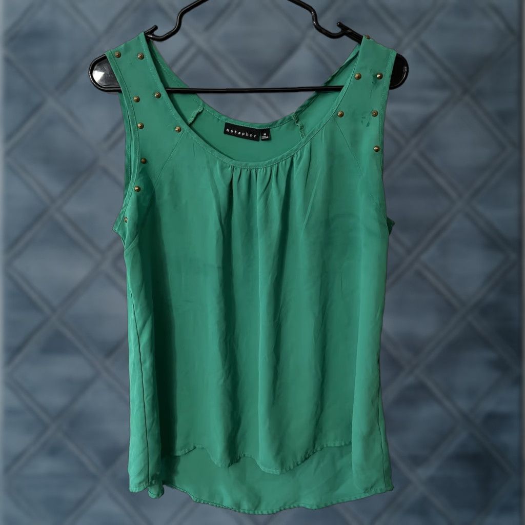 Vintage Metaphor Tank Shirt Women's (Adult) M Green Sleeveless Collared Casual Blouse Polyester Vintage No Size M / US 6-8 / IT 42-44 - 1 Thumbnail