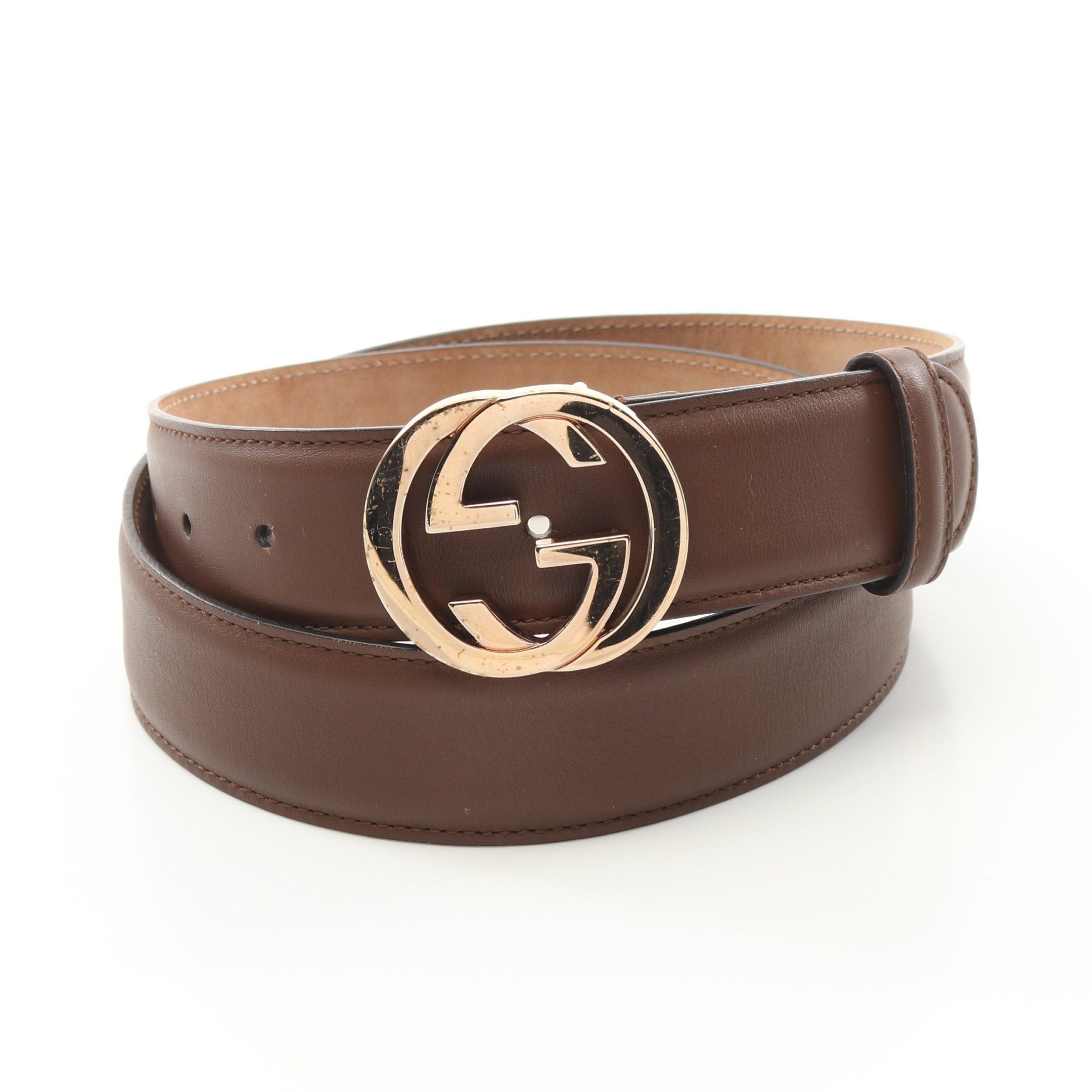 Gucci Gucci Interlocking G Belt Leather Brown Gold Hardware Size ONE SIZE - 1 Thumbnail