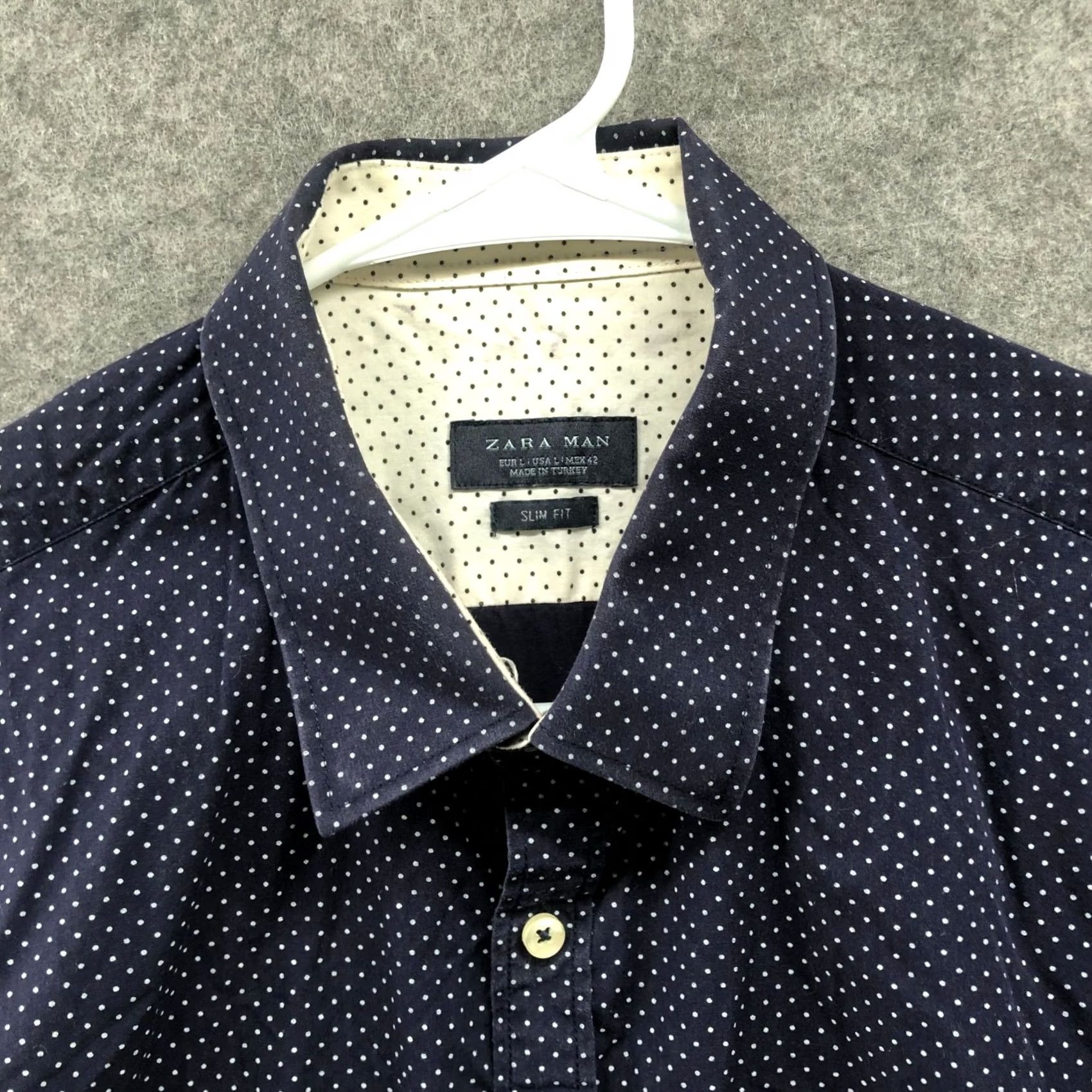 Zara Zara Slim Fit Dress Shirt Mens L Navy Blue White Polka Dot Long Sleeve Button Up Size 42R - 3 Thumbnail