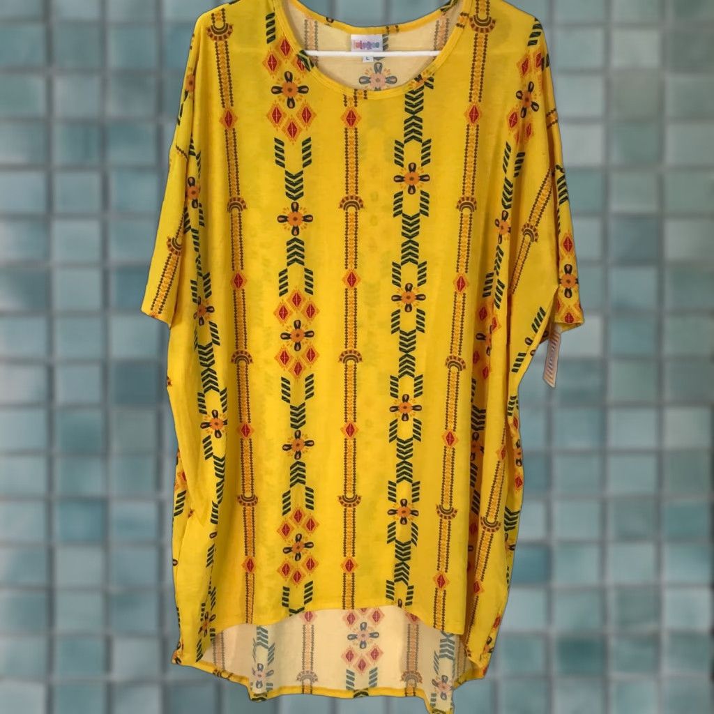 Vintage **LuLaRoe Women Yellow Geometric Asymmetrical Tunic Blouse Size L** User: LuLaRoe Women Yellow Geometric Asymmetrical Tunic Blouse Size L Size L / US 10 / IT 46 - 1 Thumbnail