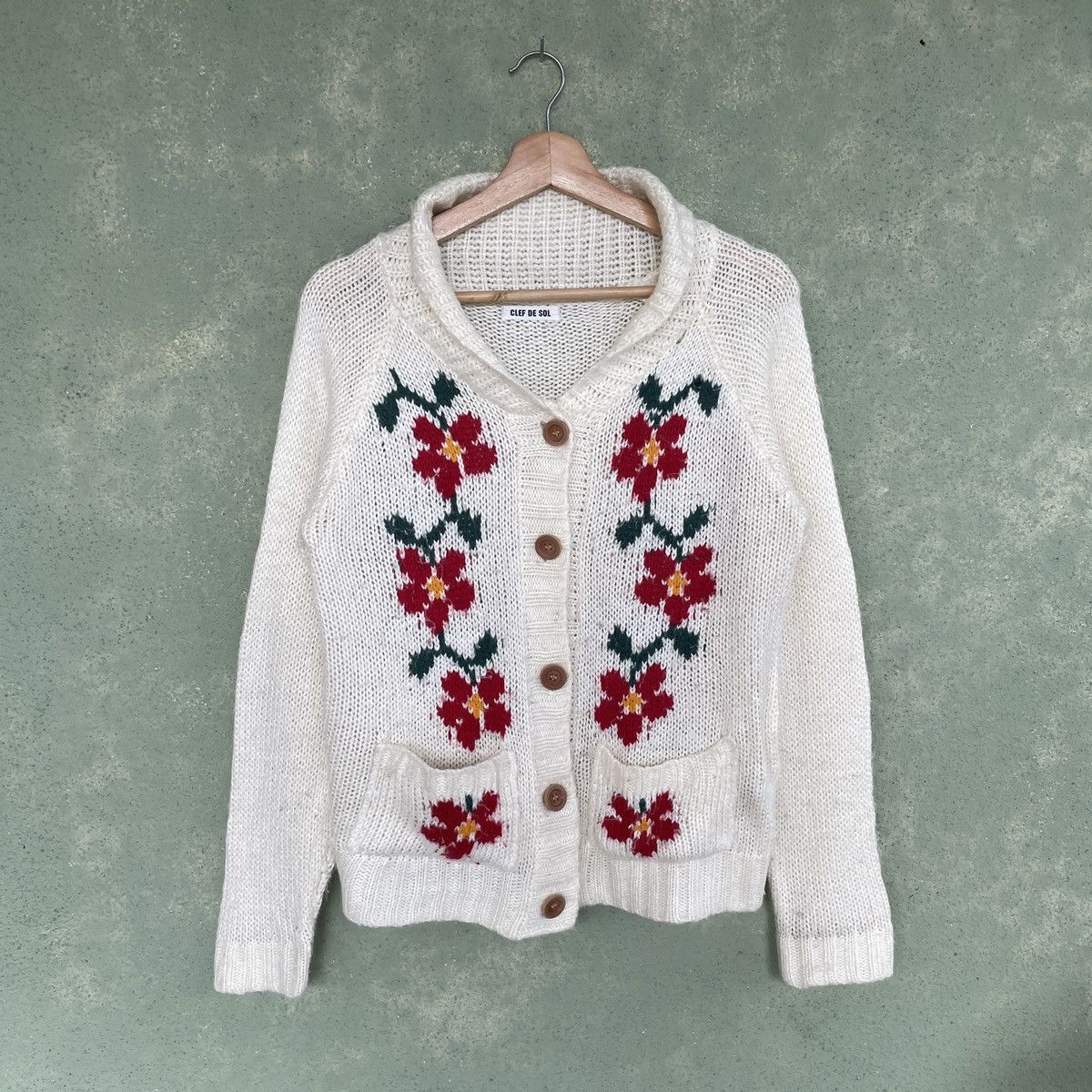 image of Aran Isles Knitwear x Cardigan Vintage Clef De Sol Hibiscus Flowers Cardigan Knitwear in White (Siz