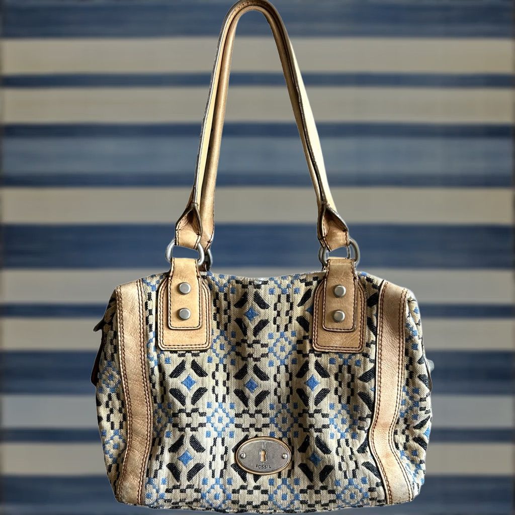Fossil Fossil Marlow Satchel Fabric Leather Black Blue Accent Purse Handbag Women’s Size ONE SIZE - 1 Thumbnail
