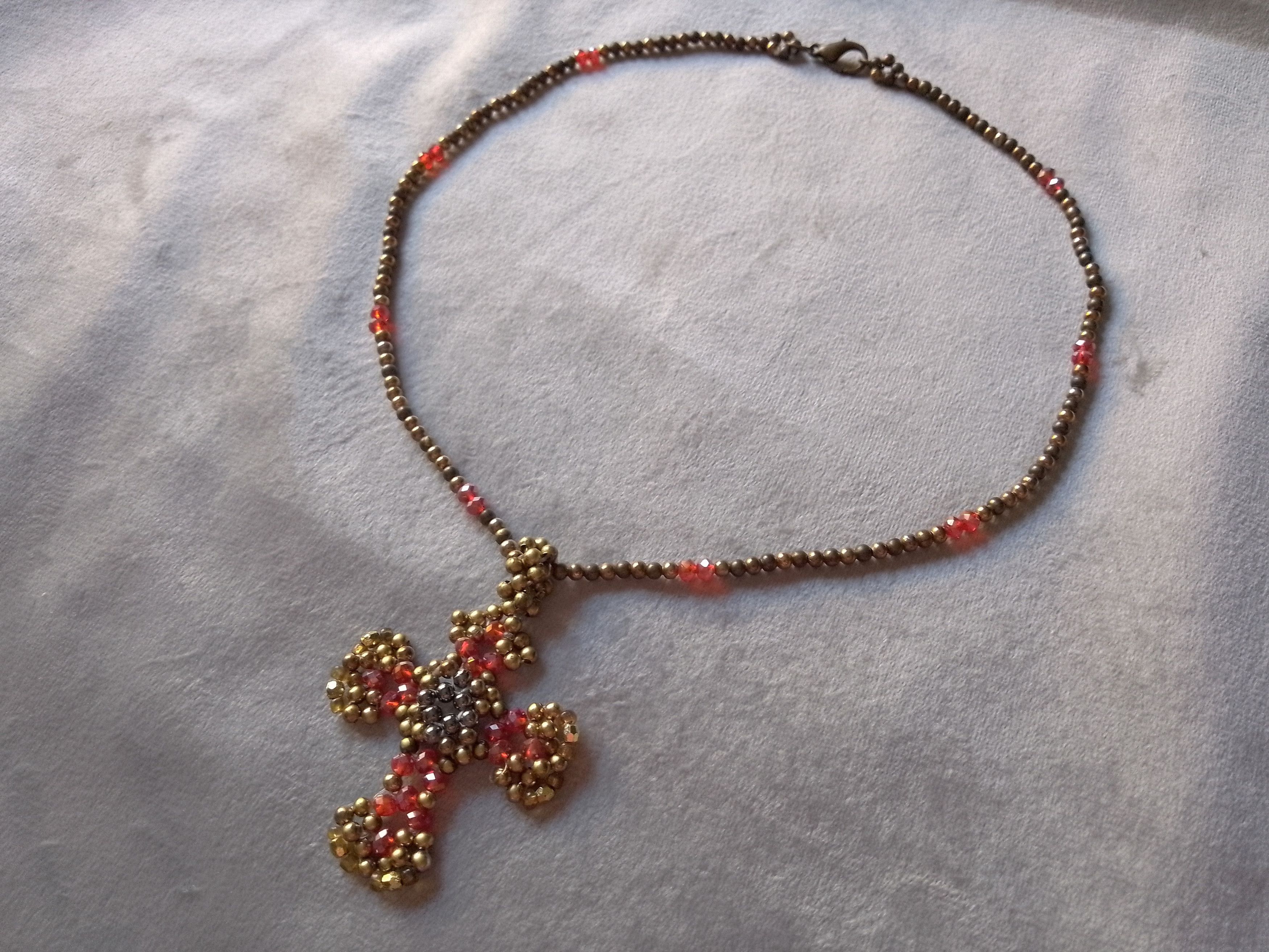 Handmade Necklace Vintage Brass Red Crystal Beaded Cross Pendant Size ONE SIZE - 3 Thumbnail