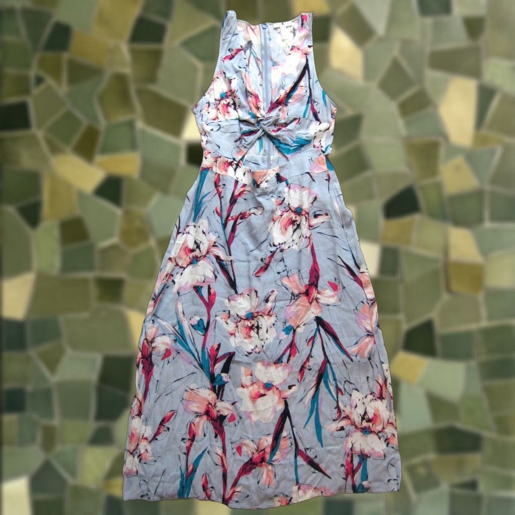 Vintage VINTAGE Leith Tank Dress Open Stomach Midi 100% Rayon Floral Blue Pink Green Small Size S / US 4 / IT 40 - 1 Thumbnail