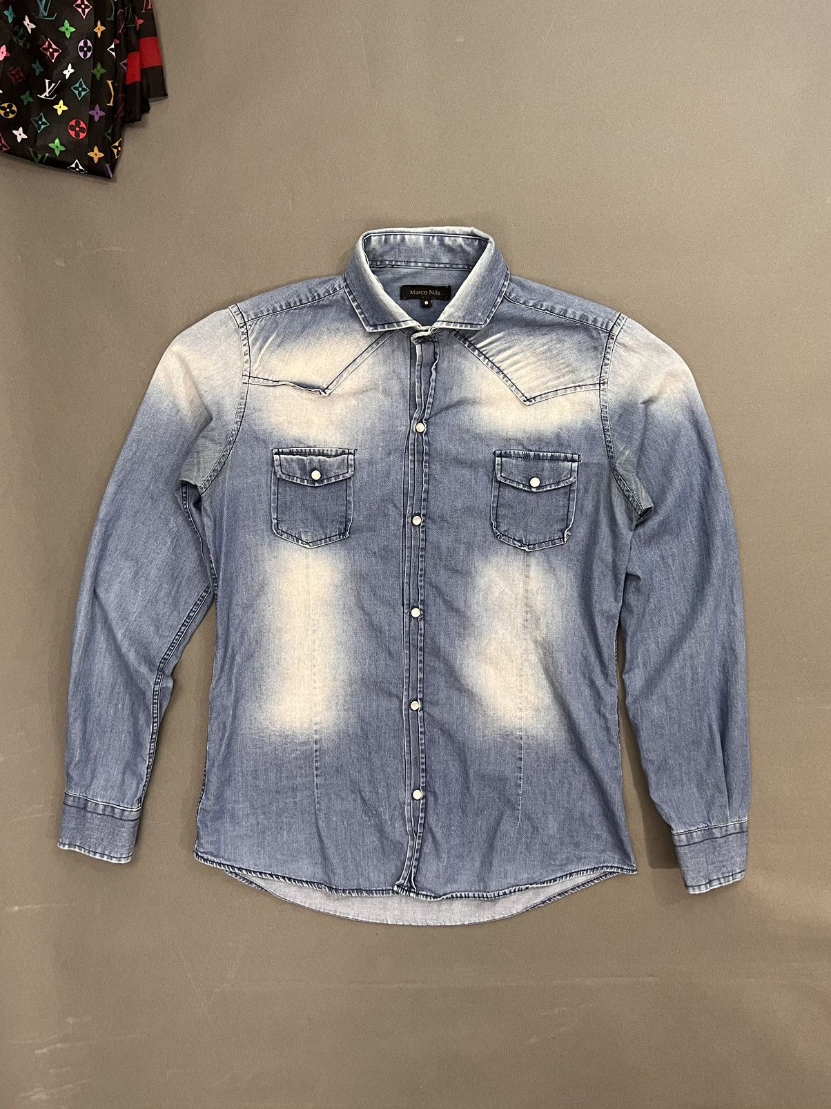 image of Grail x Italian Designers Designer Faded Denim Trucker Cotton Shirt Made In Italy in Blue (Size Sma