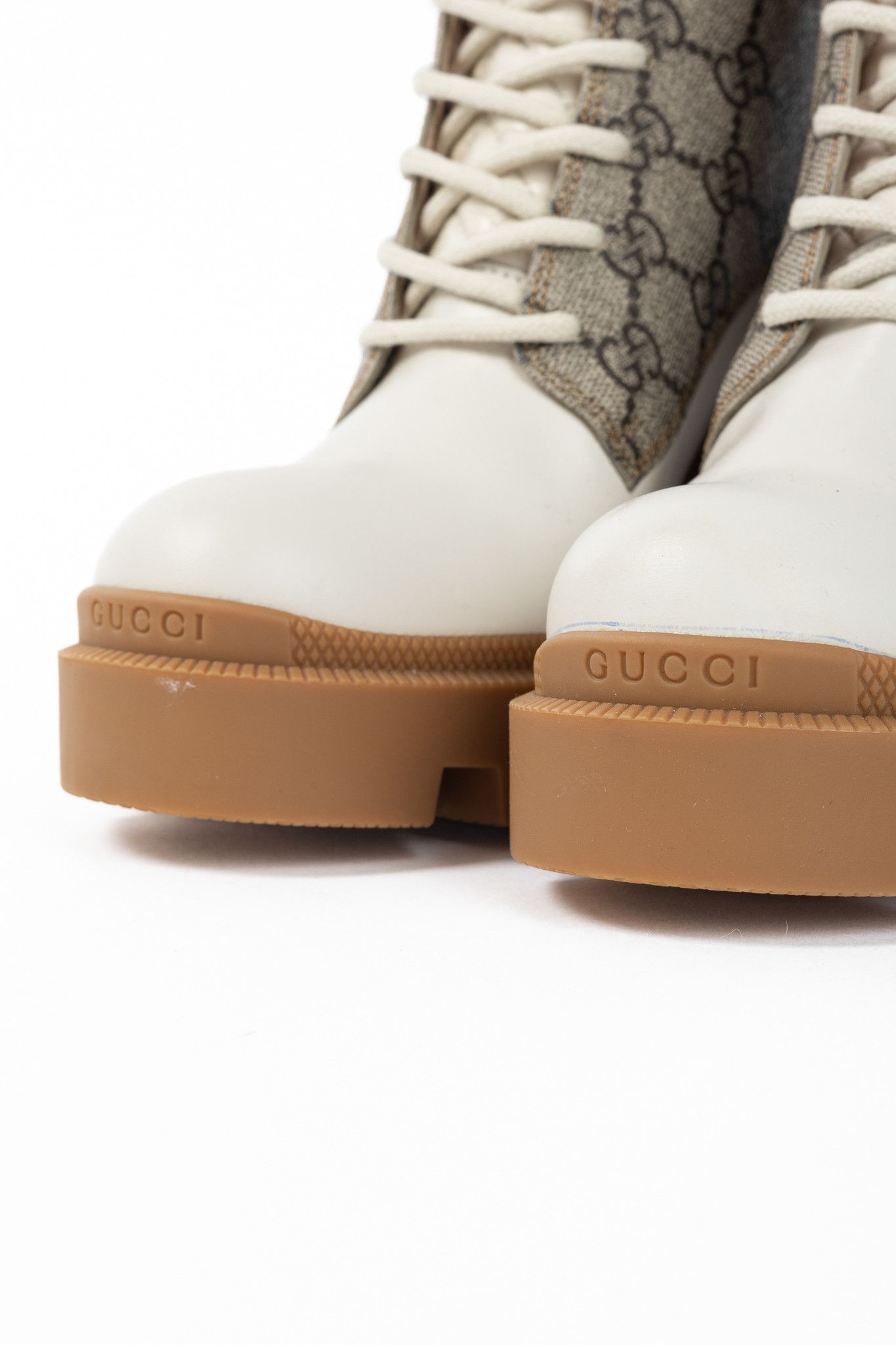 Gucci Gucci Beige & Ebony Canvas & Leather Lace-Up GG Ankle Boots Size US 6.5 / IT 36.5 - 7 Thumbnail