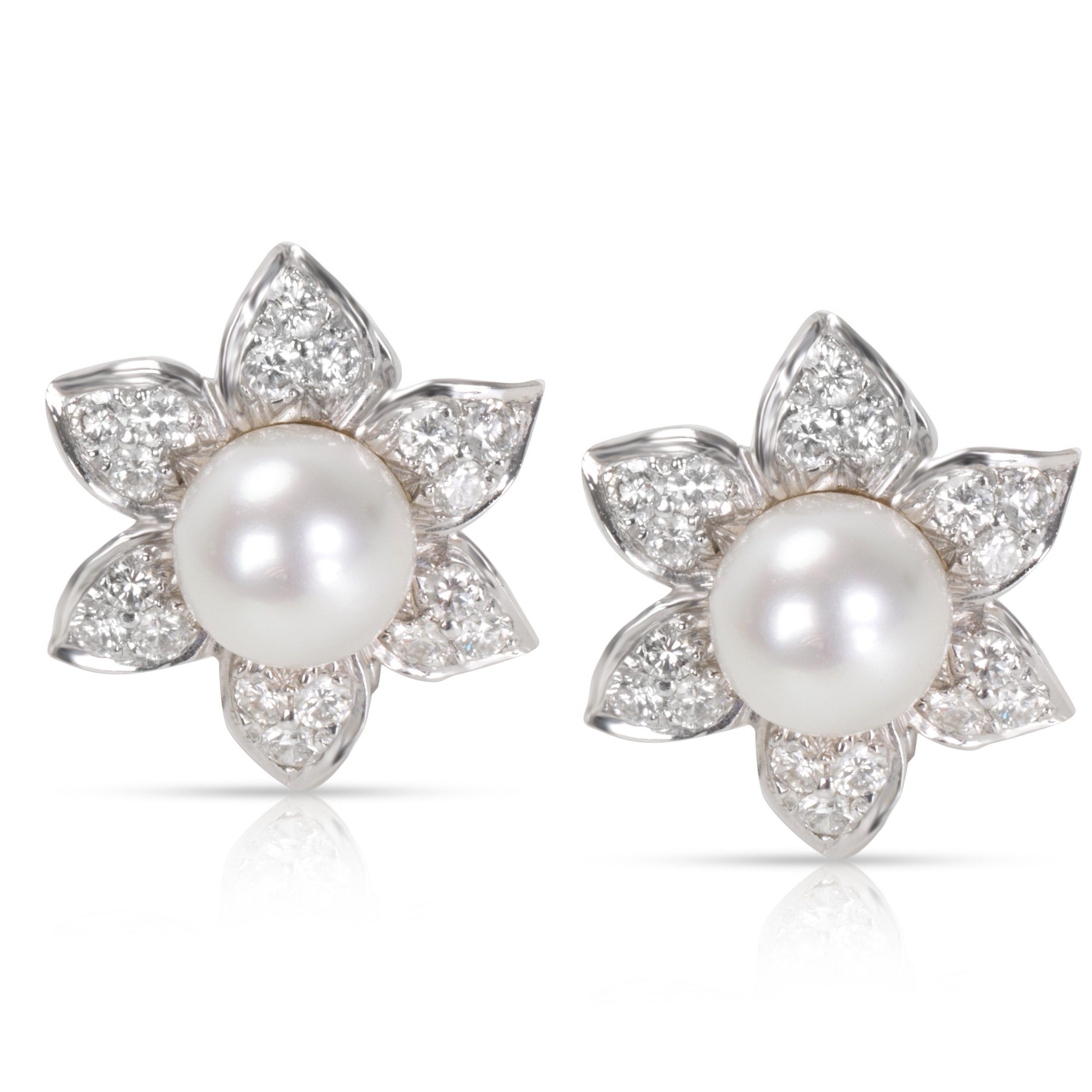 image of Diamond & Pearl Earrings In 18K White Gold, Women's