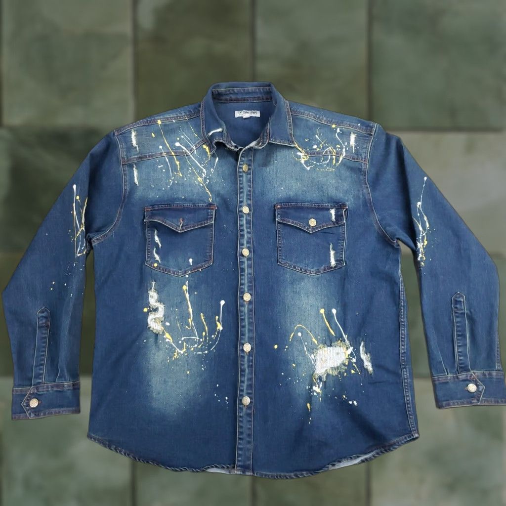 Stacy Adams Stacy Adams Jean Jacket Mens 3XL Blue Pockets Stretch Distressed Paint Splatter Denim Cotton Blend Jacket 3XL Blue Stacy Adams Mens Jacket Jeans Size US 39 - 1 Thumbnail