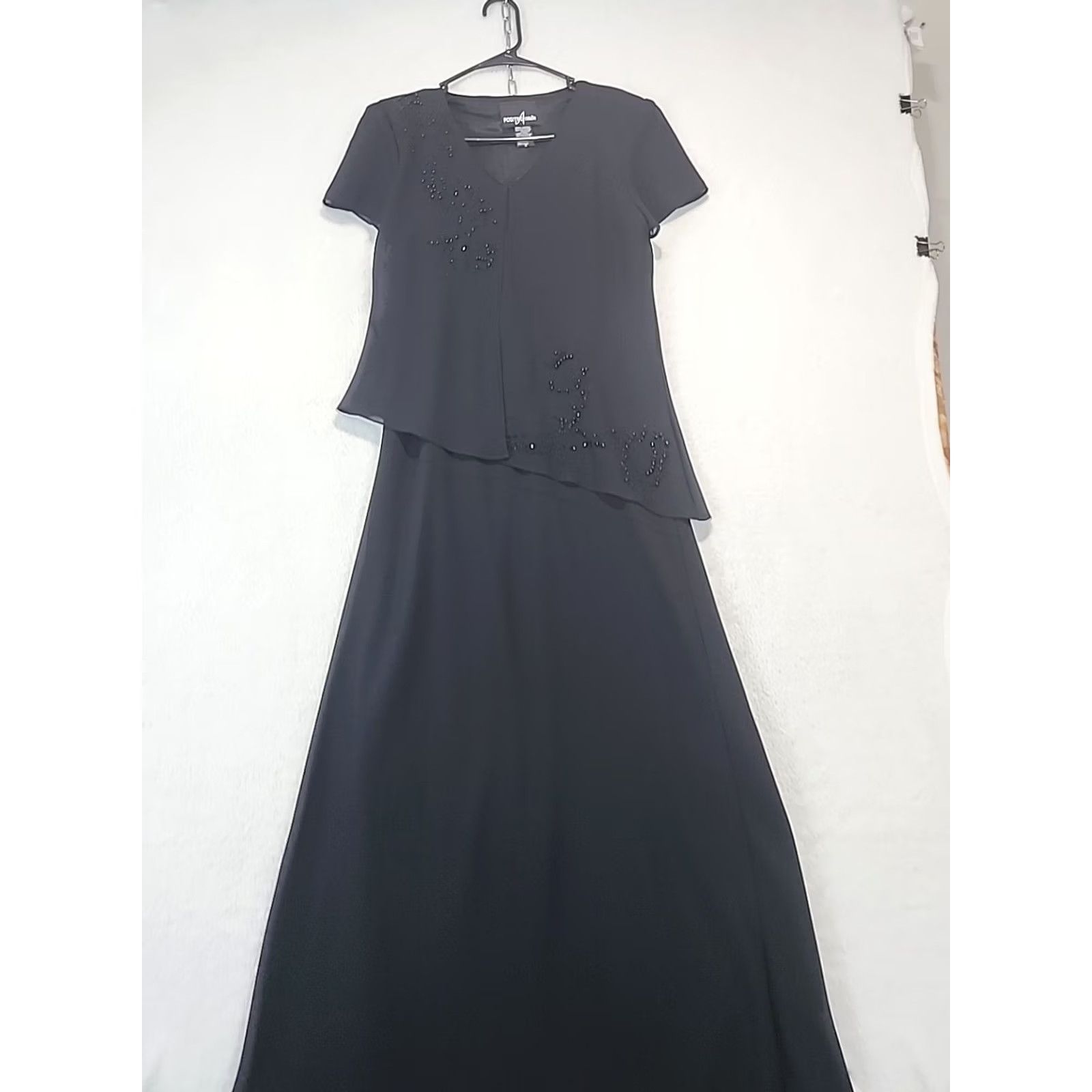 Vintage VINTAGE Positive Attitude Black Maxi Dress Beaded Bodice V-Neck Short Sleeve 8 Women Size M / US 6-8 / IT 42-44 - 3 Thumbnail