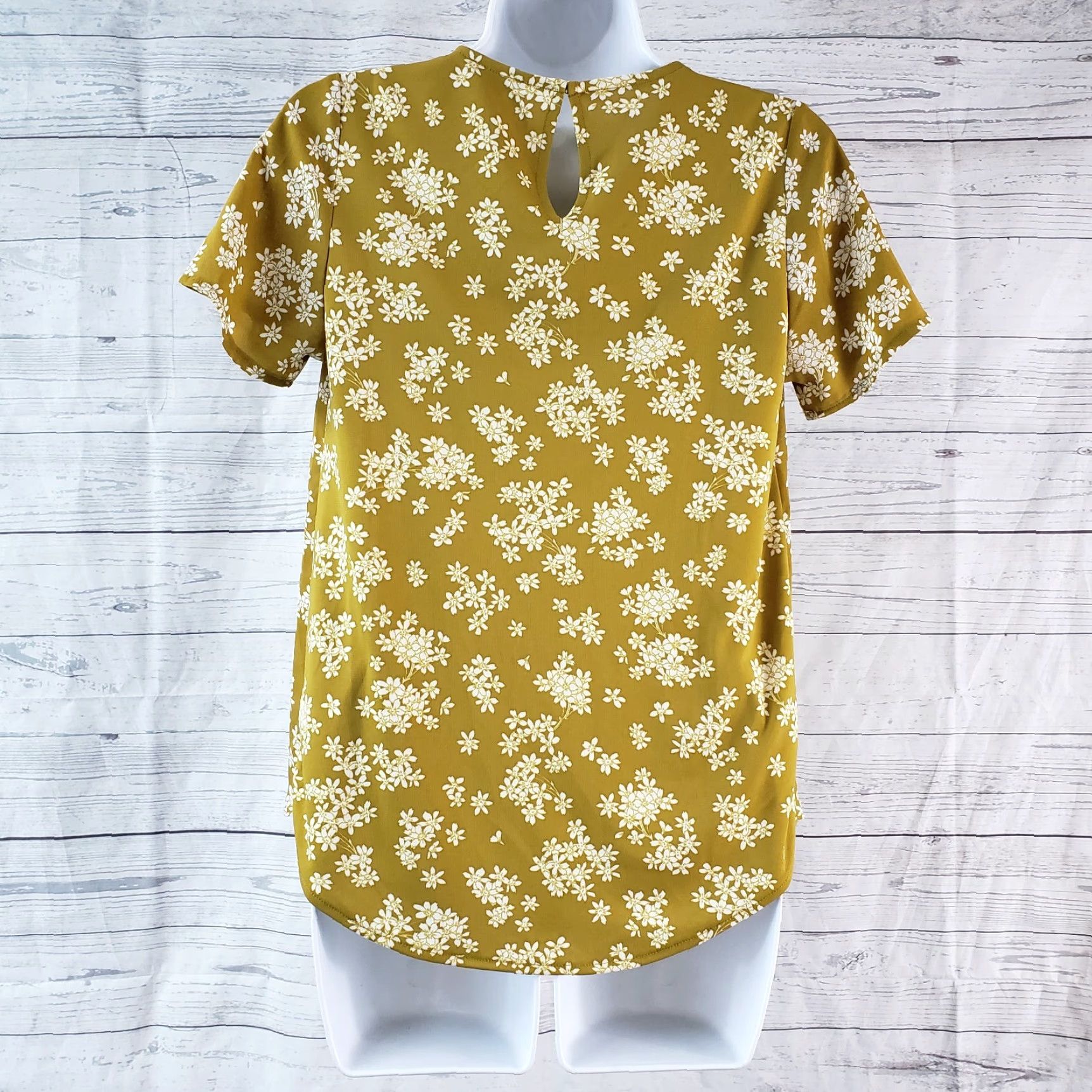Ann Taylor Ann Taylor LOFT Womens Top 2XS Mustard White Floral Short Sleeve Round Neck Blouse Mens Womens Girls Boys Size XXS / US 00 / IT 34 - 4 Thumbnail