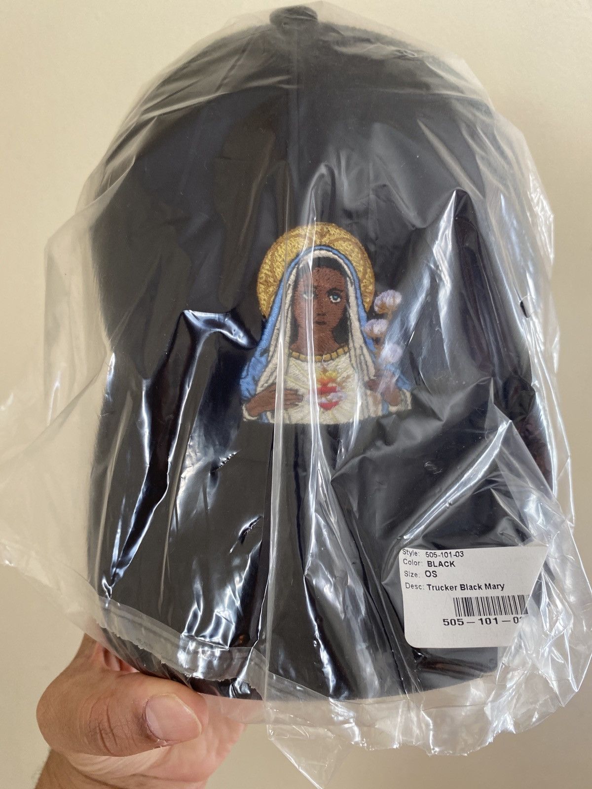 image of Denim Tears Black Mary Queen Trucker Cap Hat Mesh, Men's