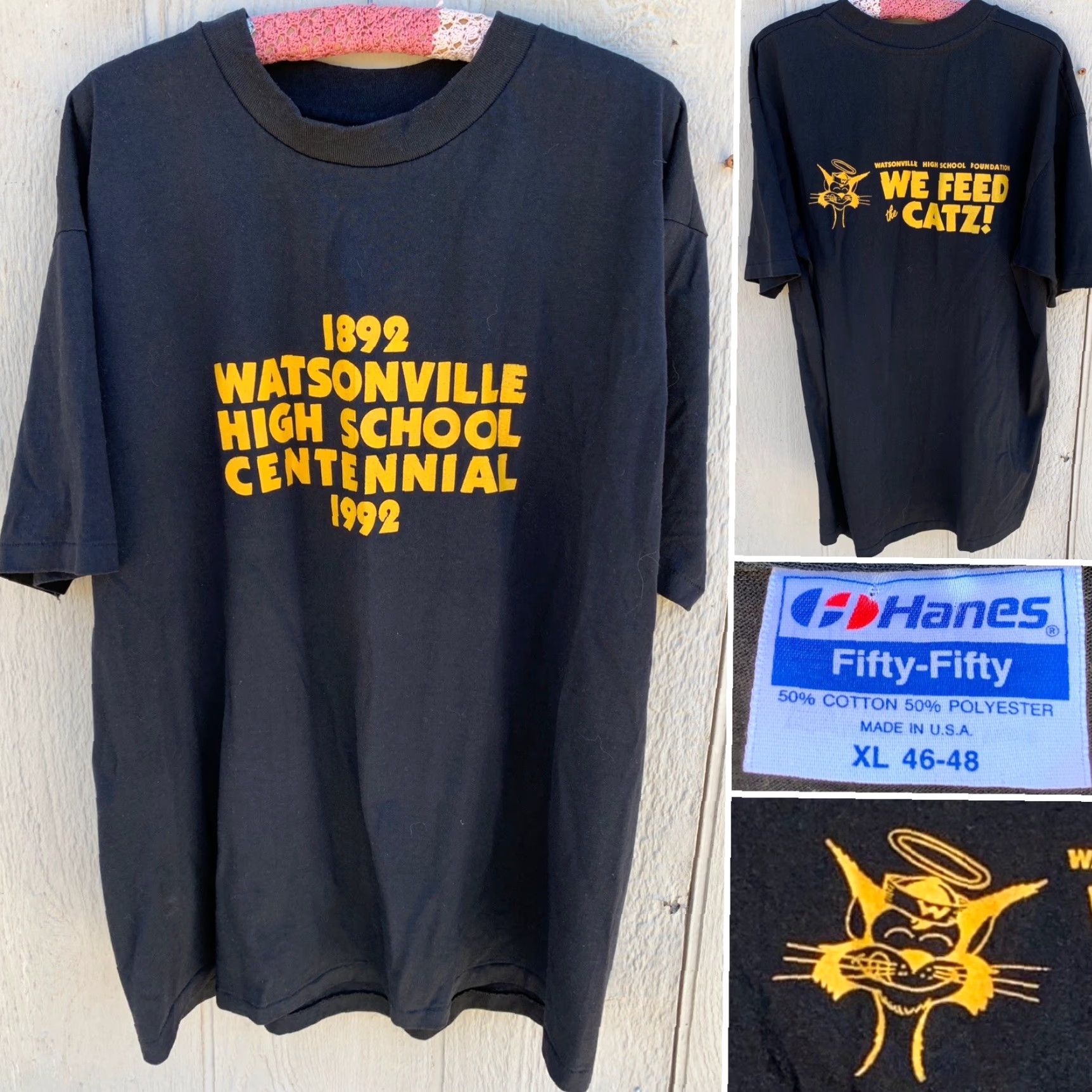 Hanes VINTAGE Watsonville High School Centennial 1992 We Feed The Cats T Shirt XL Hanes Fifty-Fifty Black Short Sleeve Mens Size US XL / EU 56 / 4 - 2 Thumbnail