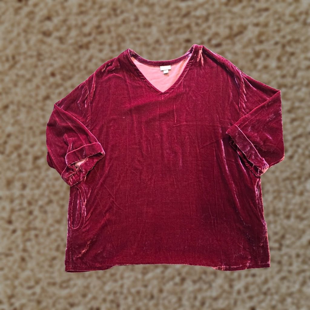 J. Jill J Jill Top Womens L Red Velour 3/4 Sleeve Stretch Silk Blend Casual Career Blouse Womens Size L / US 10 / IT 46 - 1 Thumbnail