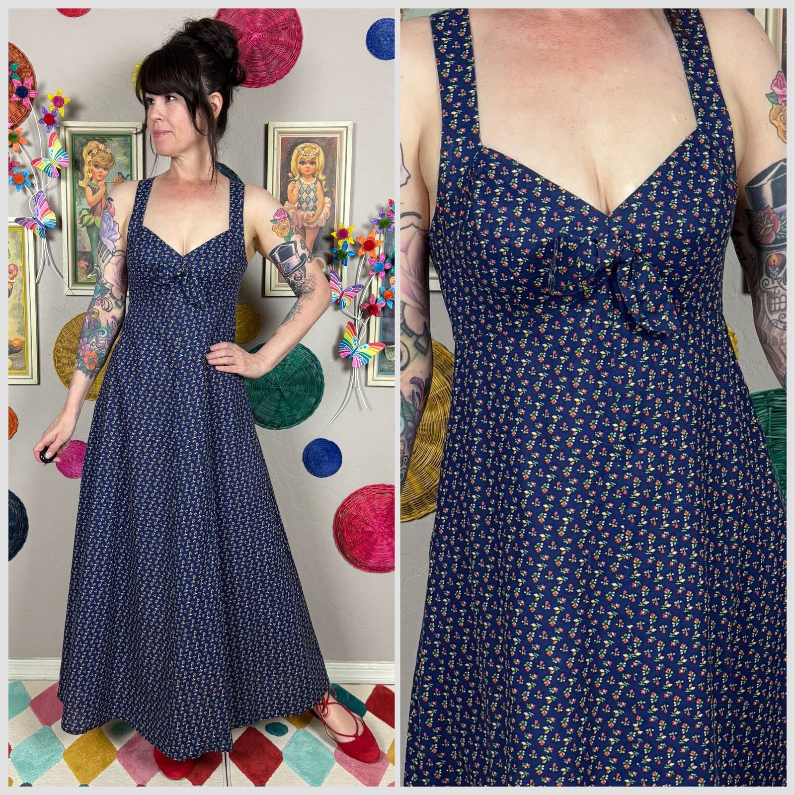 Vintage 1970s Blue Calico Print Crisscross Back Maxi Sundress Size XS / US 0-2 / IT 36-38 - 1 Thumbnail