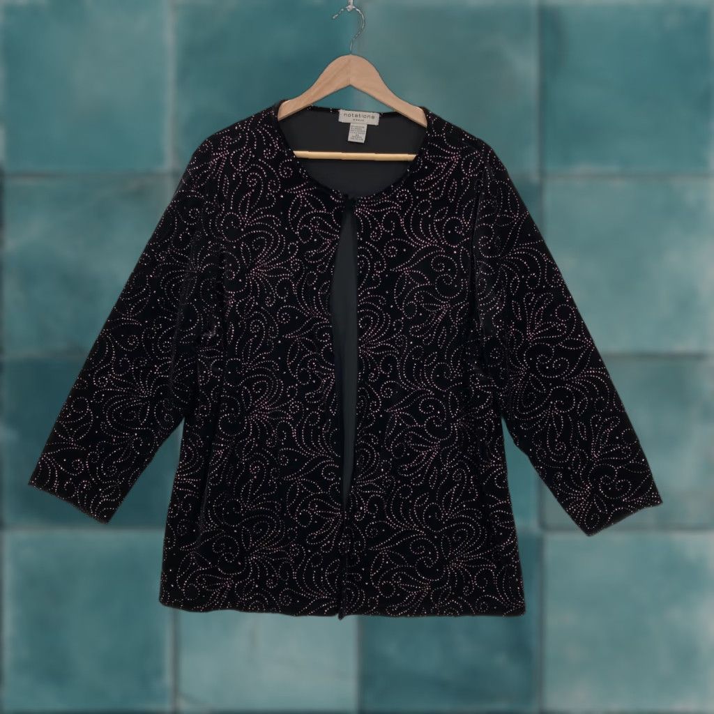 Vintage VINTAGE Notations Jacket Womens 2X Black Velvet Open Front Long Sleeve Sparkle Glitter Rhinestone Geometric Party/Cocktail Formal Women Size XXL / US 16-18 / IT 52-54 - 1 Thumbnail